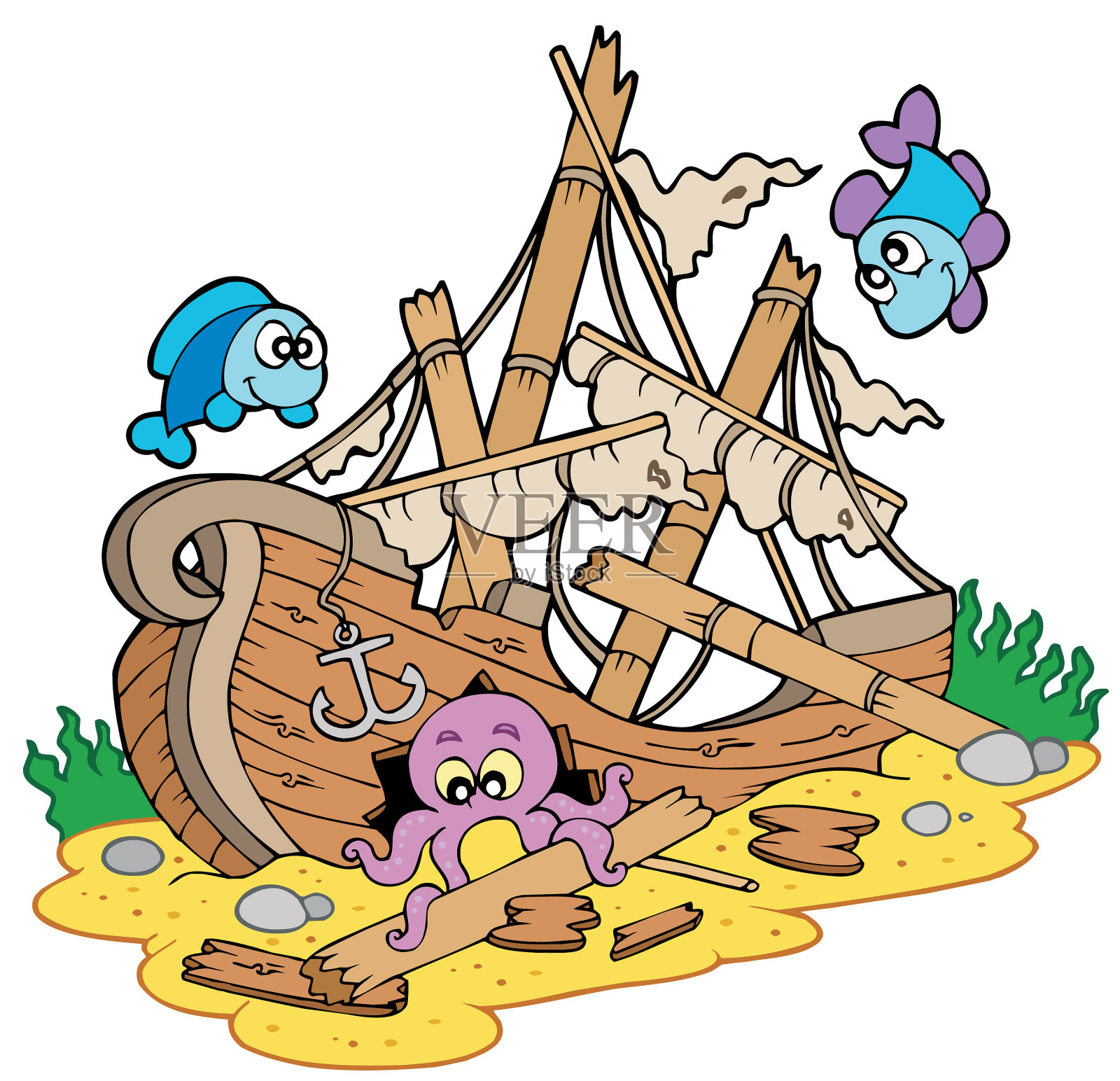 在海底失事的船只插画图片素材