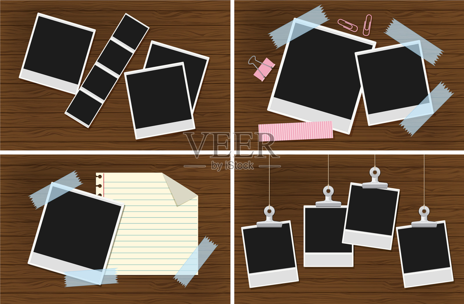 木墙上的四个相框模板插画图片素材