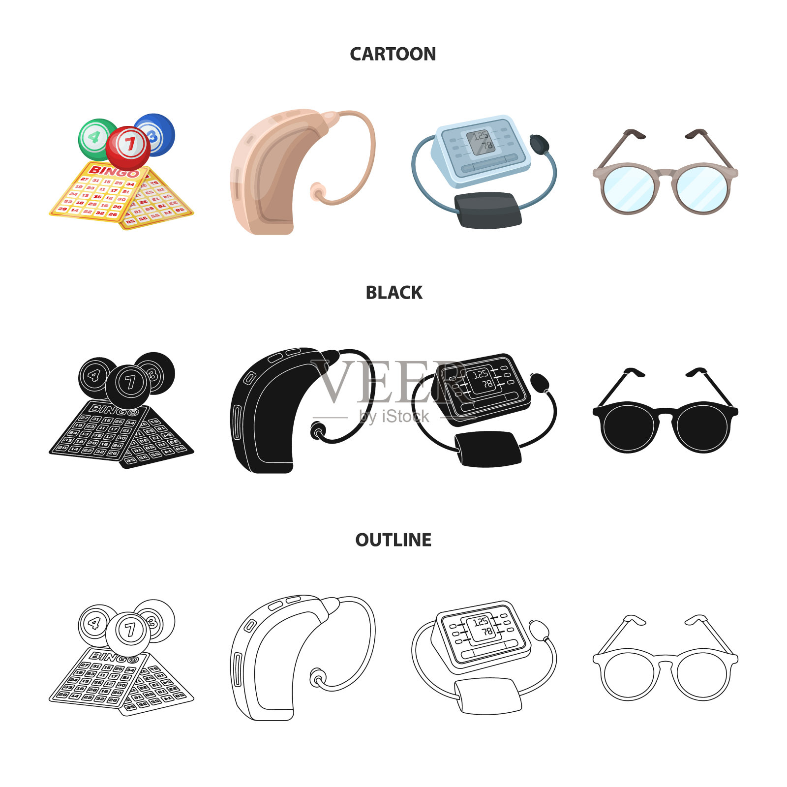 彩票助听器眼压计眼镜卖老插画图片素材