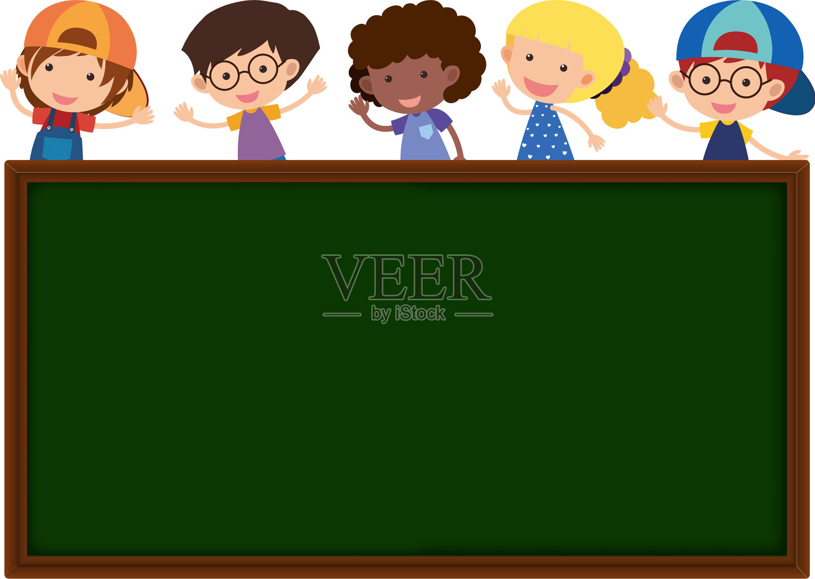 绿色板和可爱的孩子在背景插画图片素材