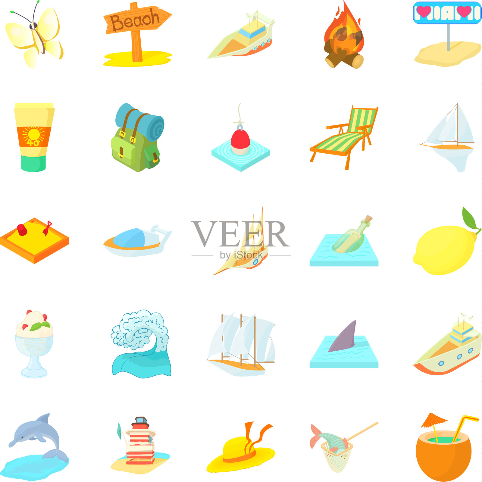 热带岛屿图标设置卡通风格图标素材