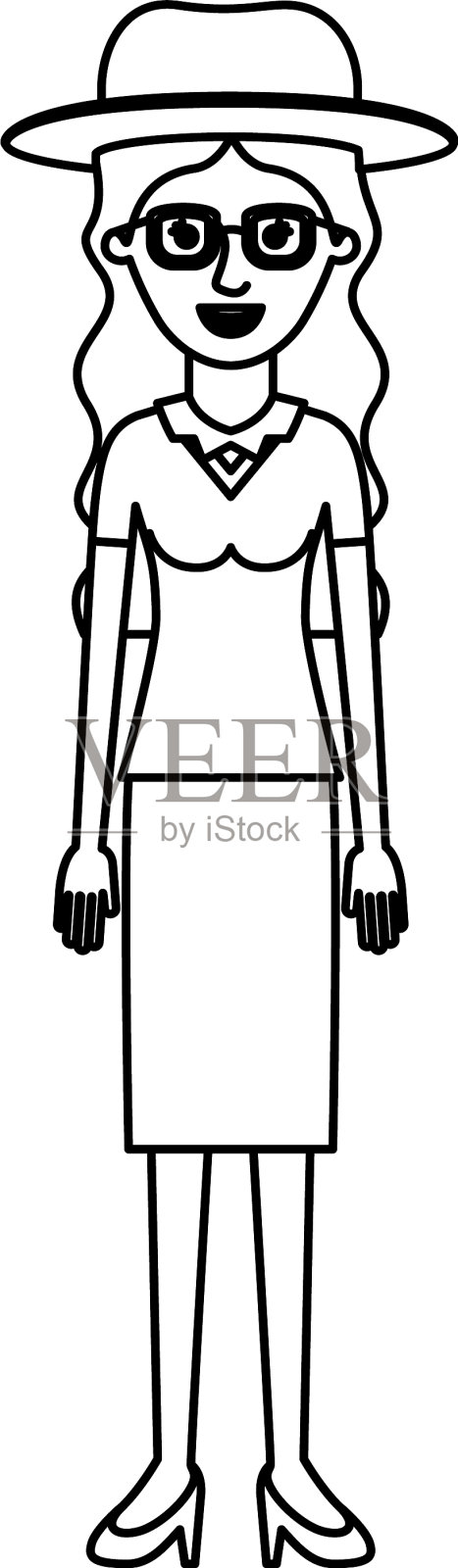 戴着帽子和眼镜，穿着衬衫和裙子的女人插画图片素材