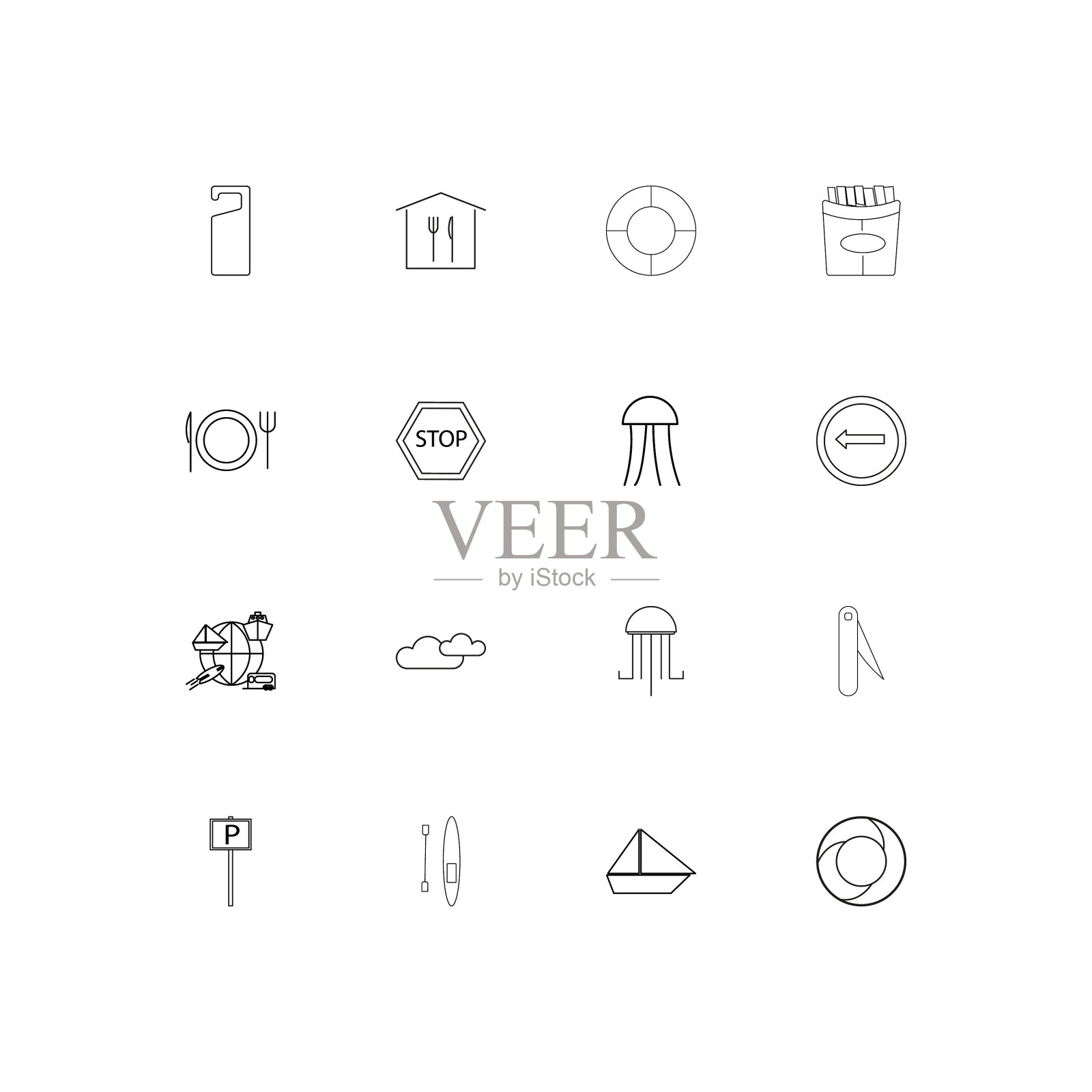 旅游和旅游线性瘦图标设置概述图标素材