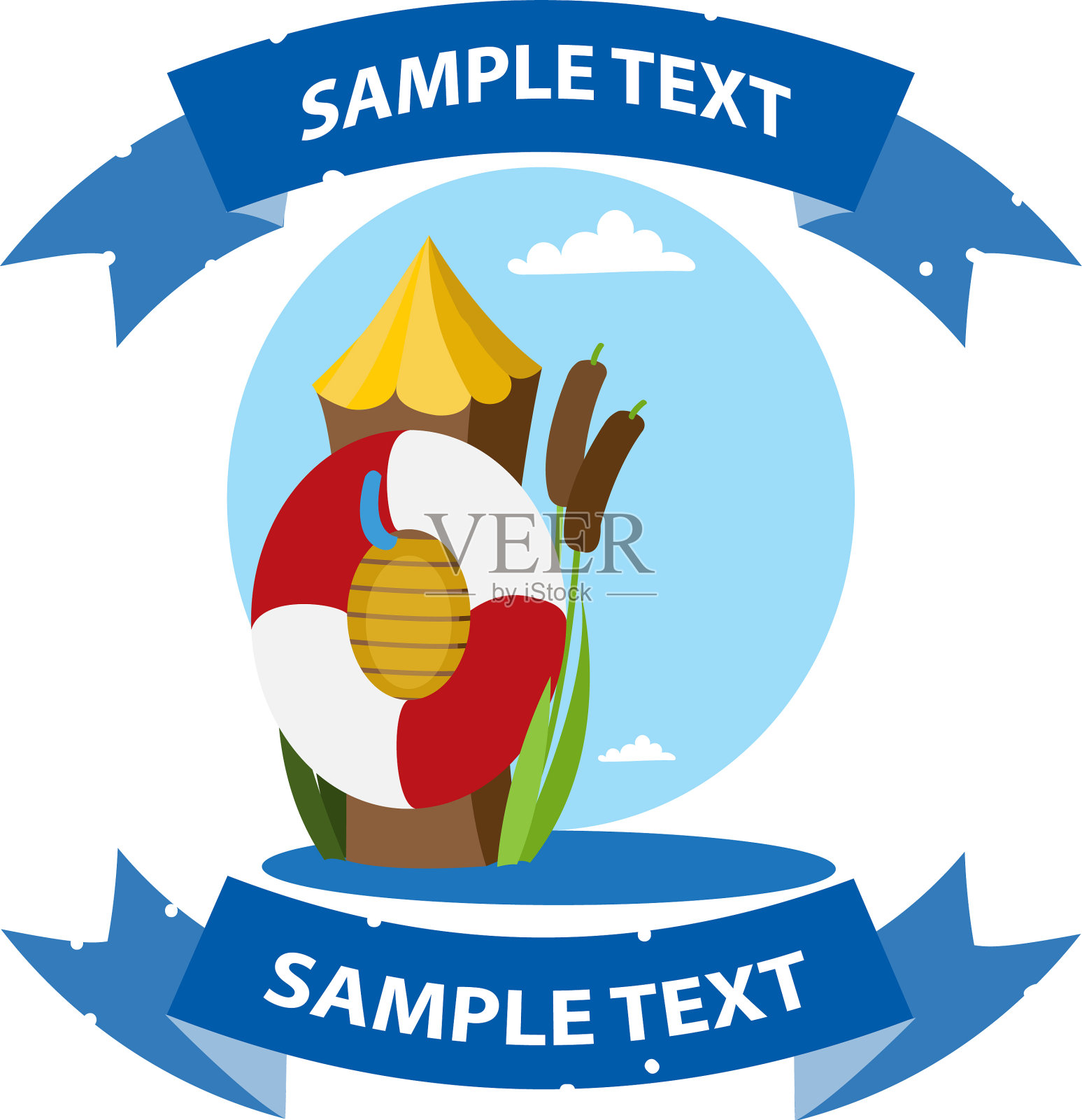 原木和救生圈在水上卡通画插画图片素材