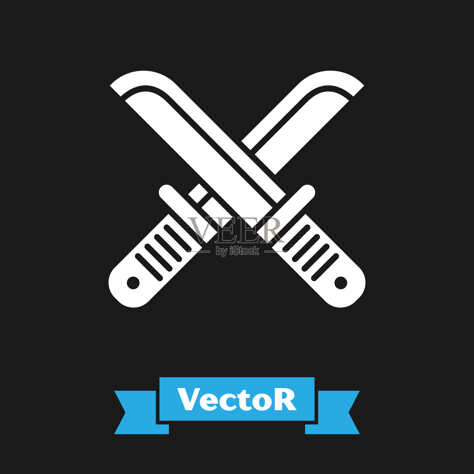 白色交叉猎人刀图标孤立在黑色插画图片素材