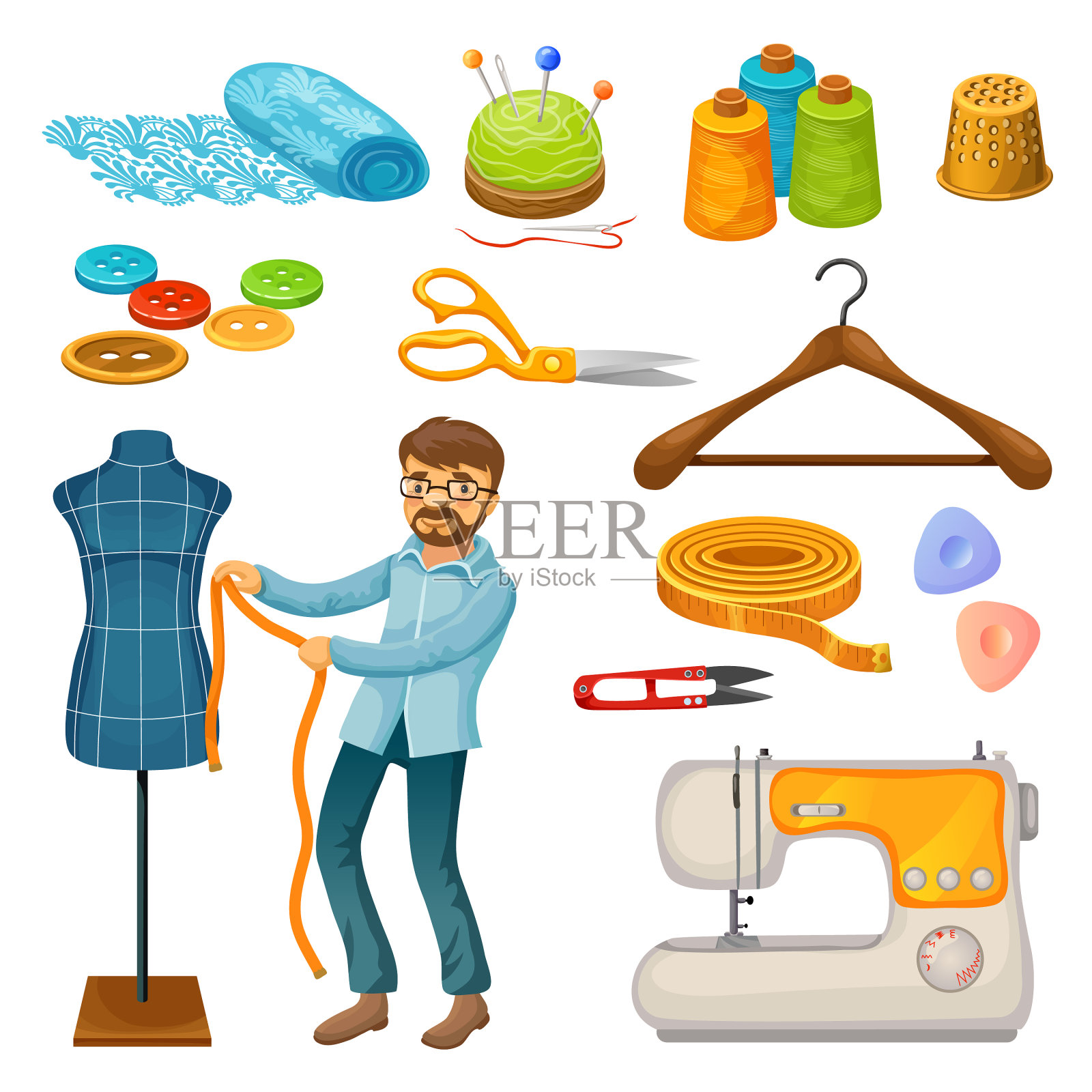 彩色裁缝工具套装插画图片素材