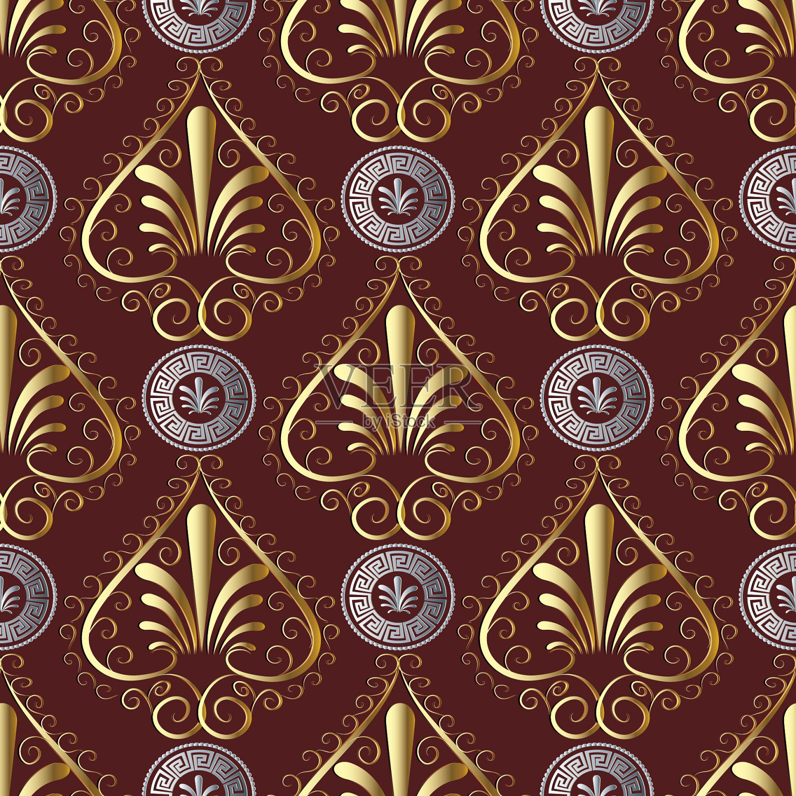 古希腊花无缝红色图案插画图片素材