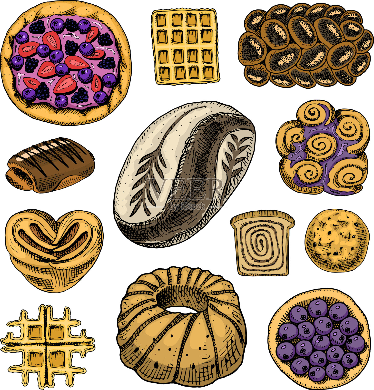 面包和糕点甜甜圈，比利时华夫饼和水果插画图片素材