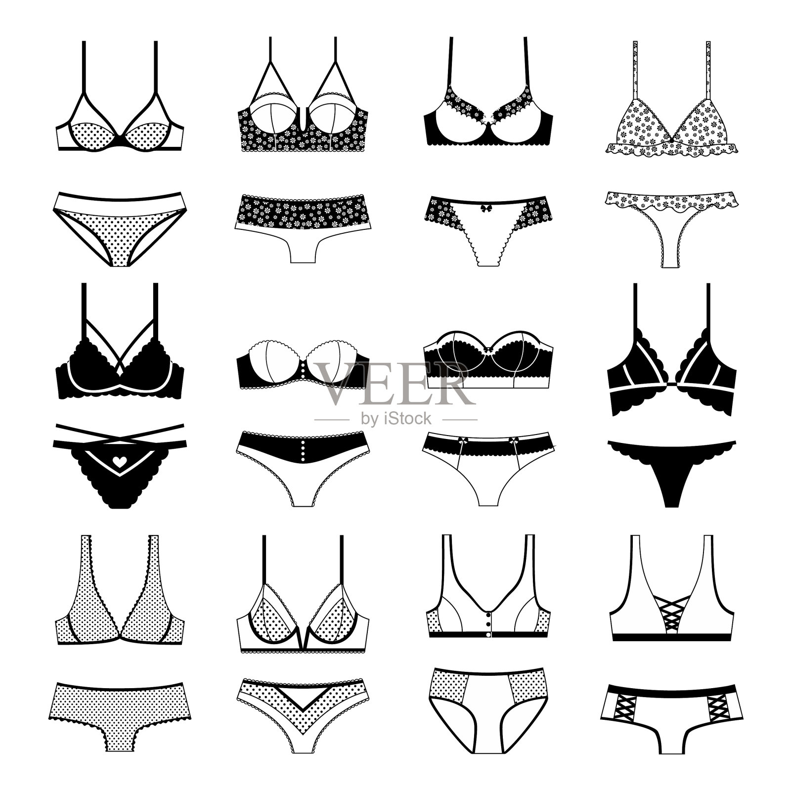 一套女性内衣图标孤立在白色图标素材