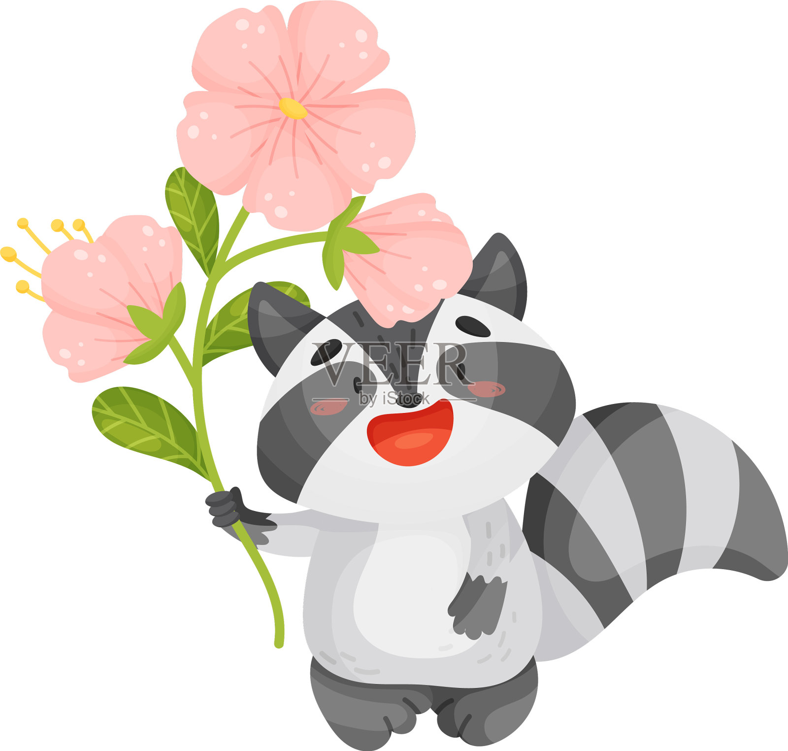 可爱的戴着花的浣熊插画图片素材