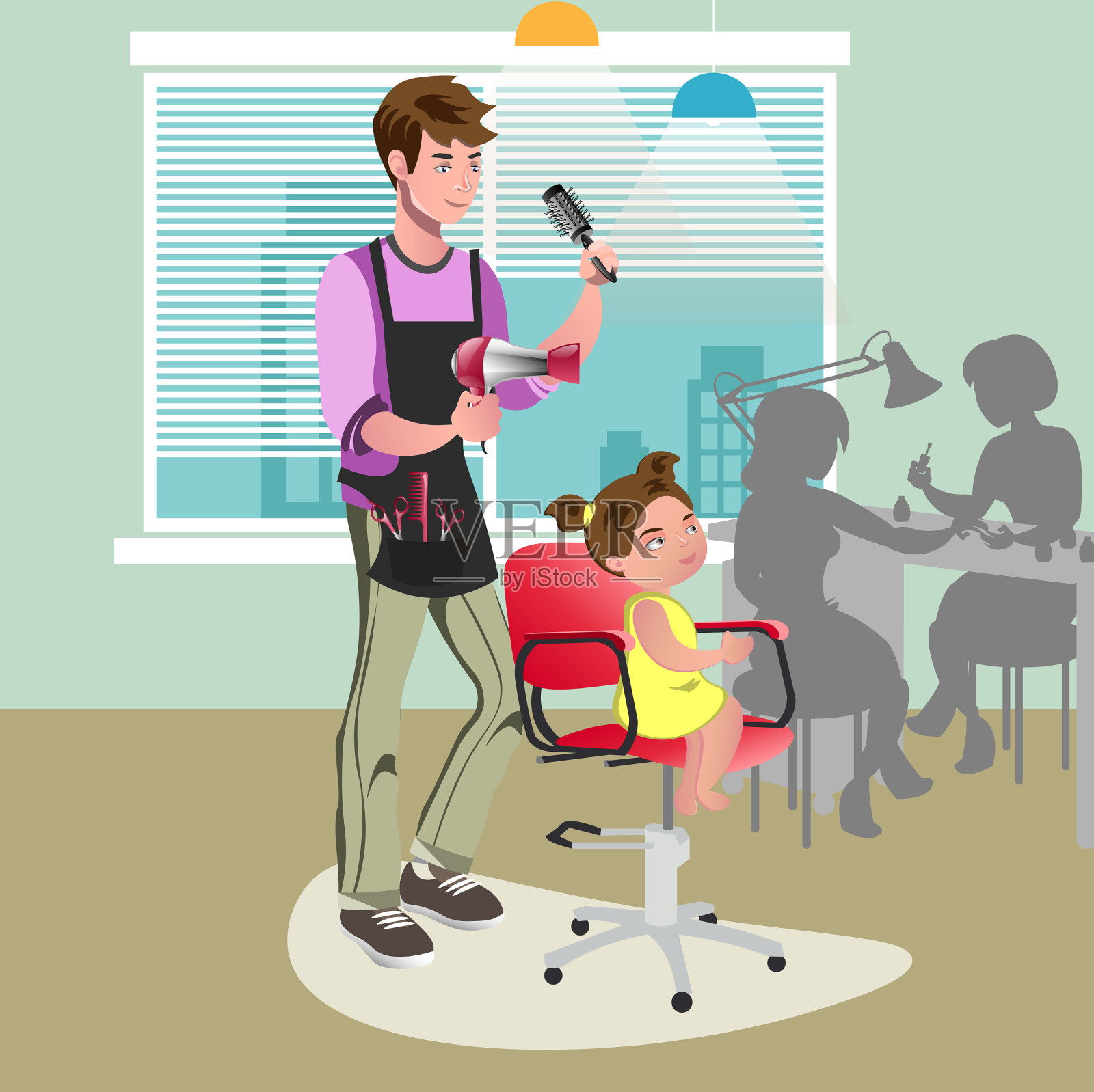 小女孩在理发店里插画图片素材