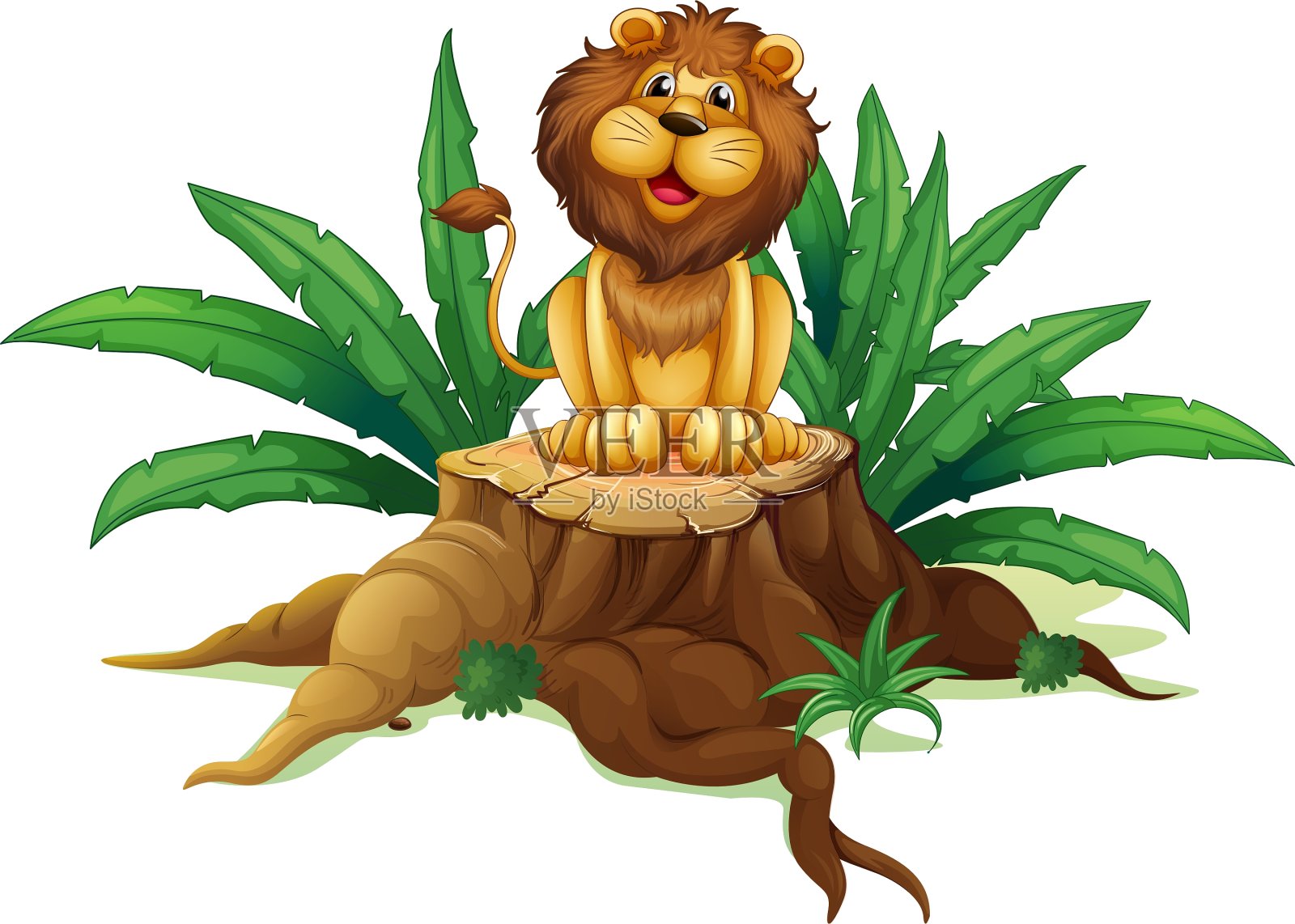 一只狮子坐在一个有树叶的树桩上设计元素图片