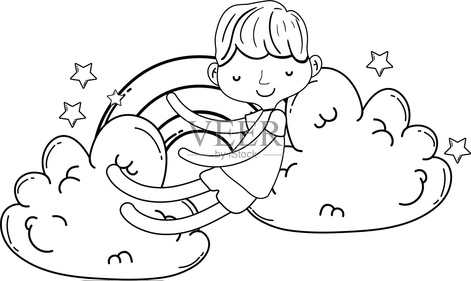 云中小孩黑白卡通设计元素图片