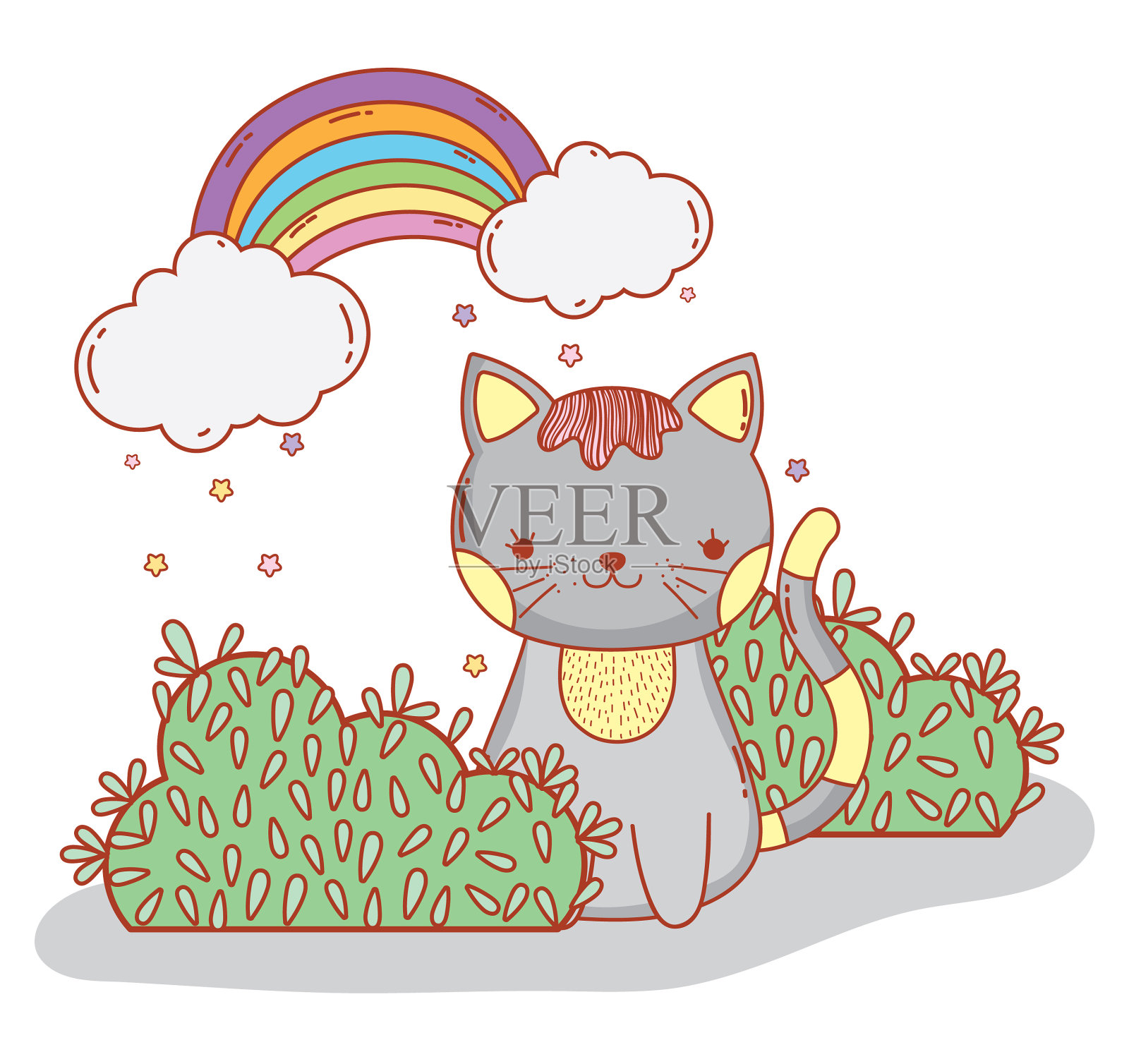 可爱的猫和灌木丛和彩虹云设计元素图片