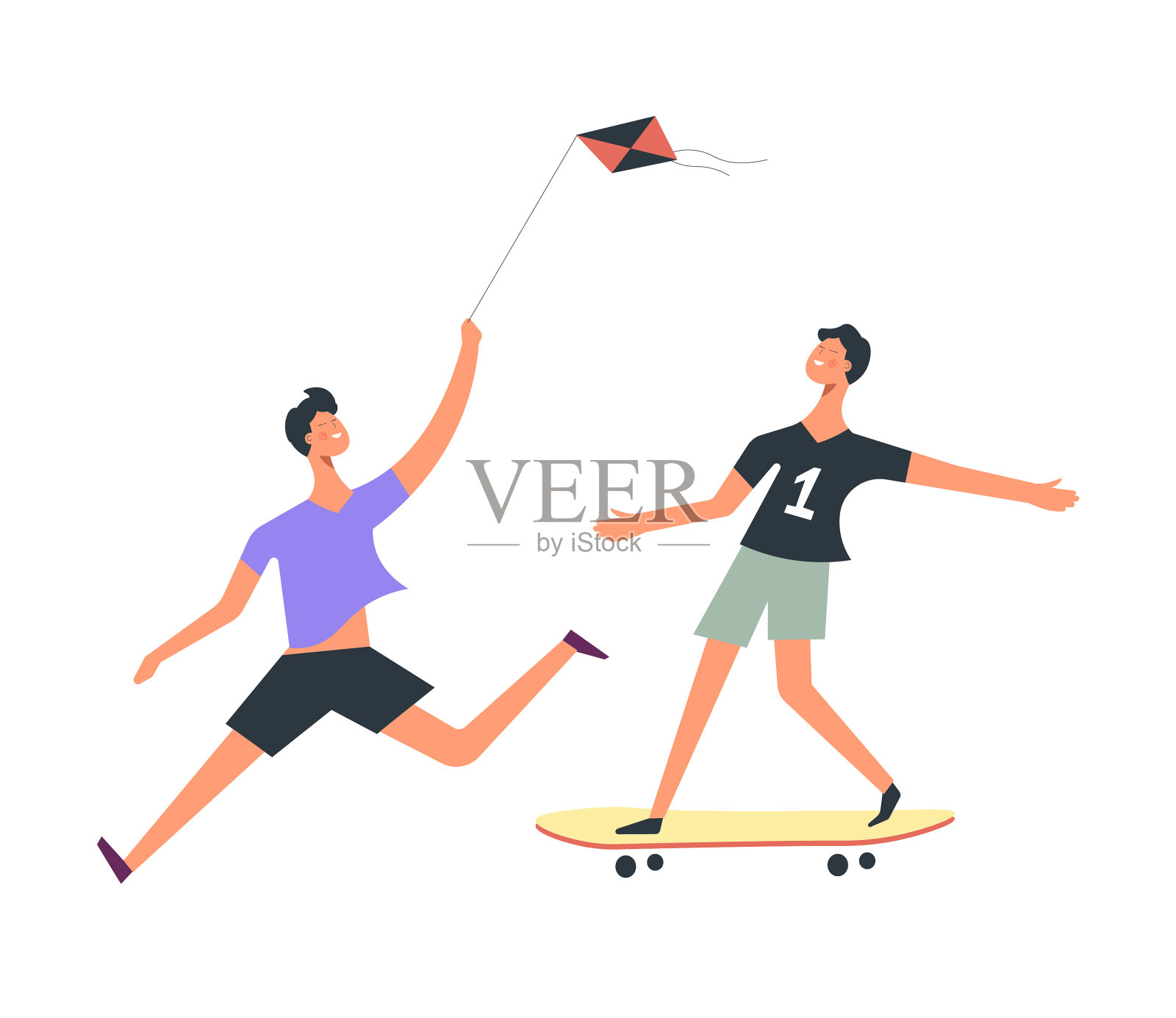 男孩在放风筝，朋友在玩滑板设计元素图片