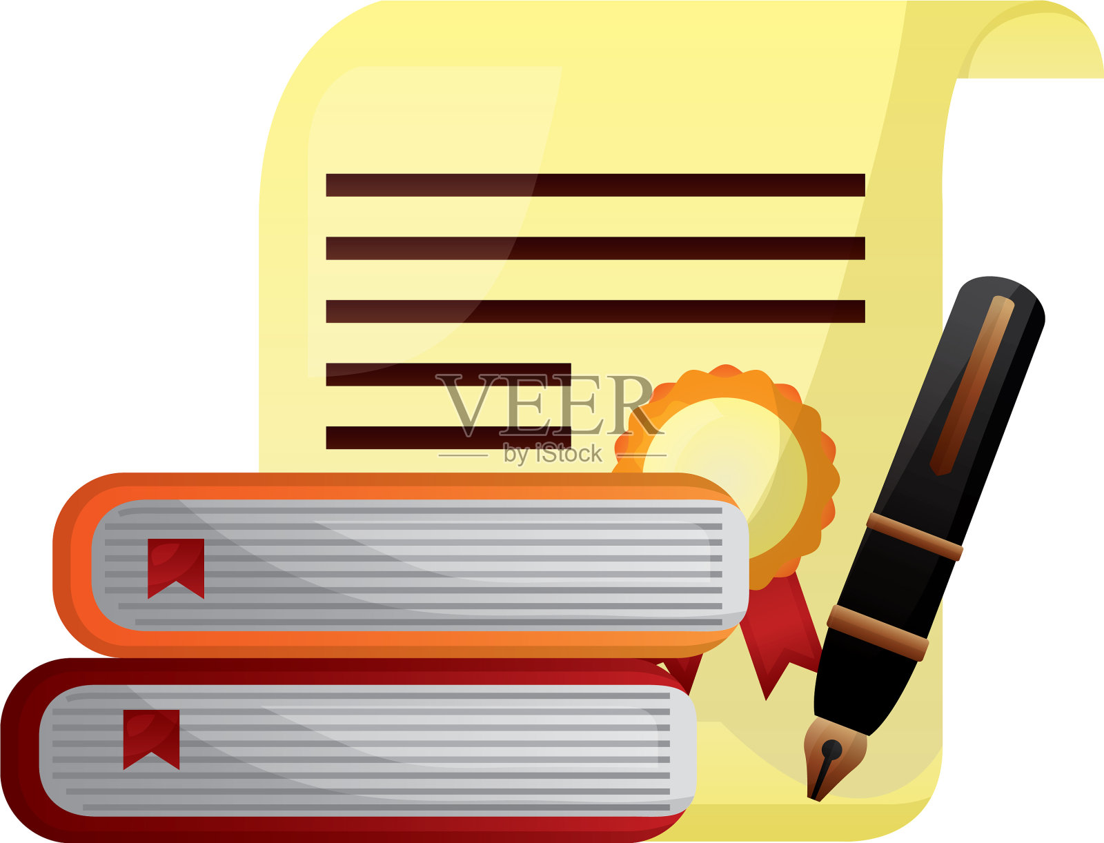 羊皮纸毕业证书与书和笔设计元素图片