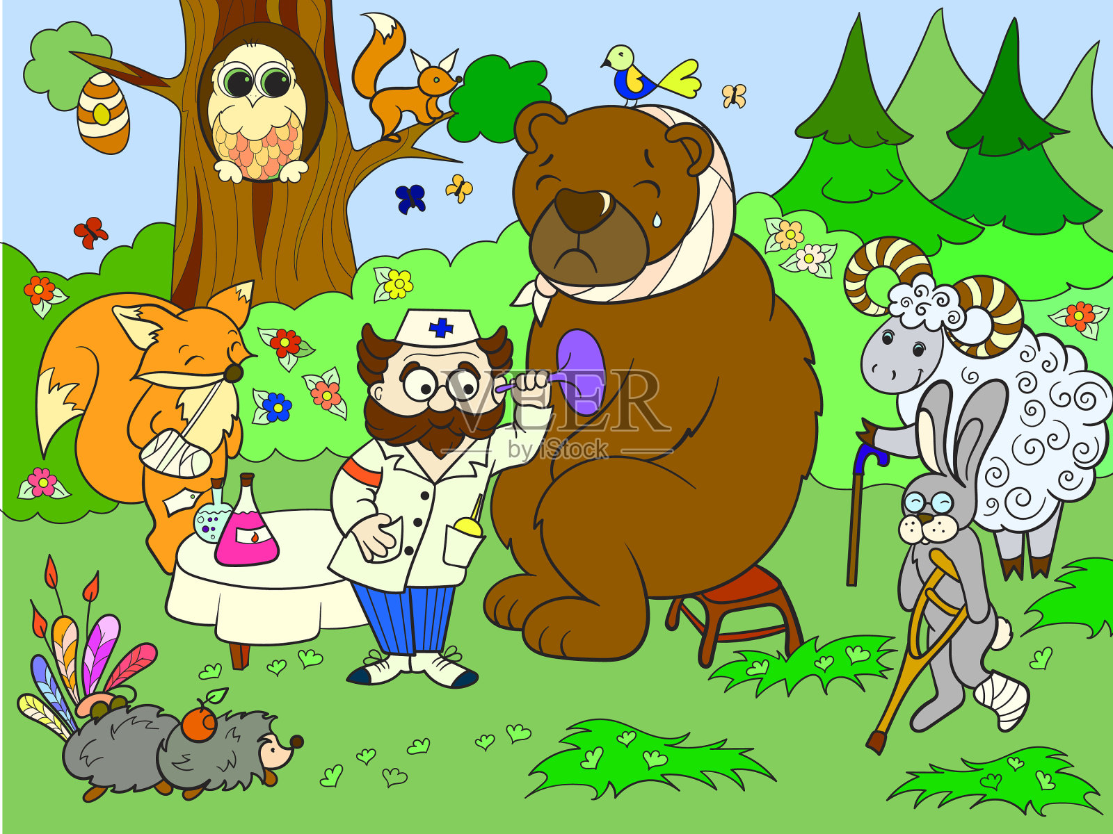 兽医在森林里治疗动物插画图片素材