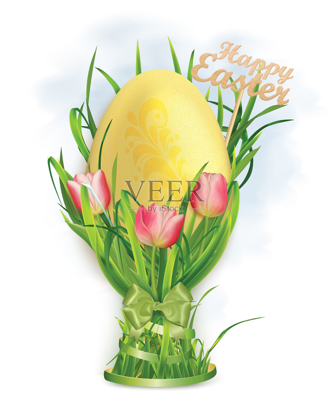 复活节彩蛋和彩蛋杯的草和郁金香设计元素图片