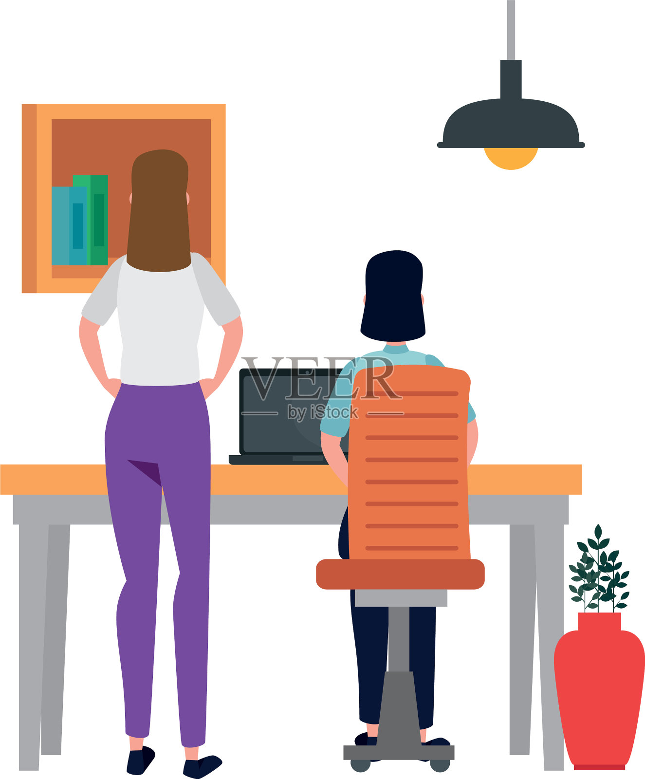 女性在办公室工作场景与笔记本电脑设计元素图片