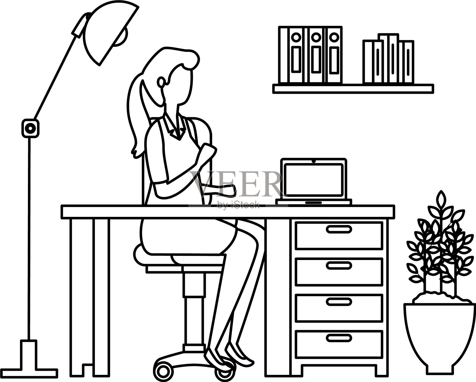 女人在办公室工作场景与笔记本电脑设计元素图片