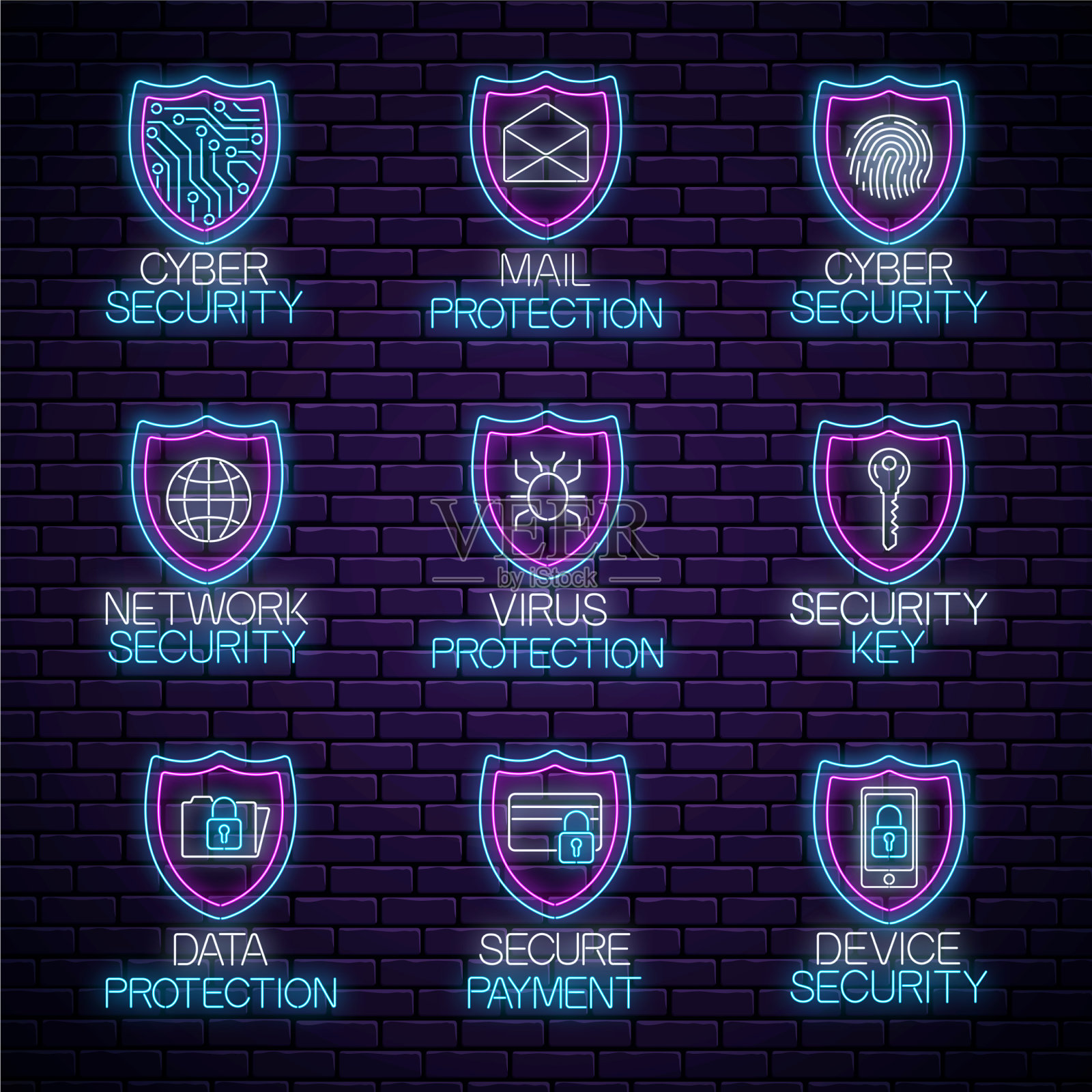 设置发光霓虹灯电脑安全技术标志插画图片素材