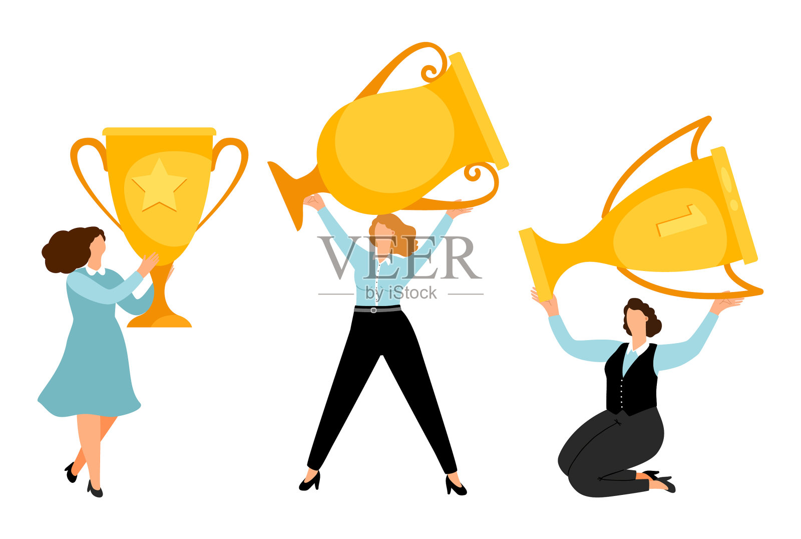 拥有金质奖杯的扁平女商人设计元素图片