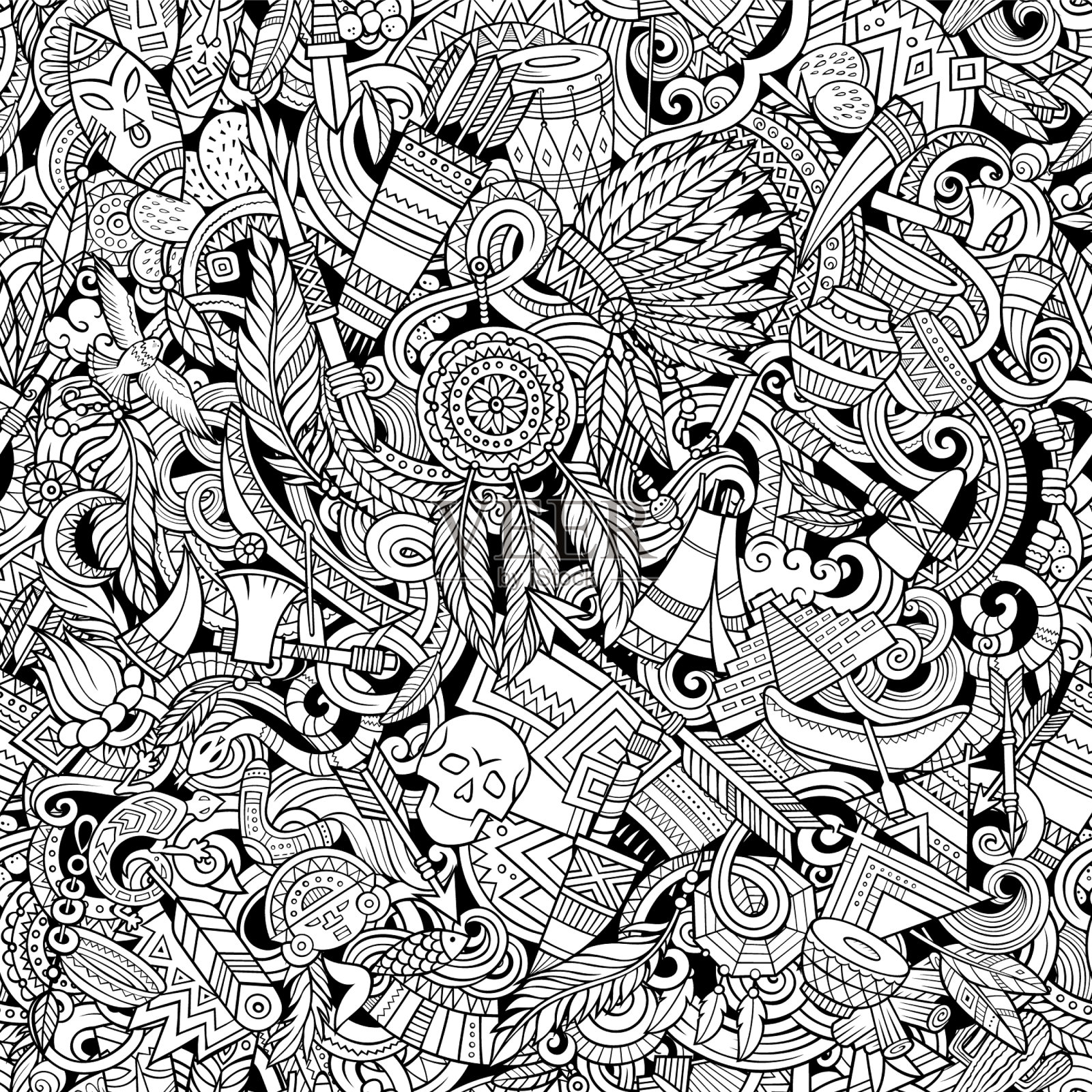 卡通可爱的涂鸦手绘印第安人插画图片素材