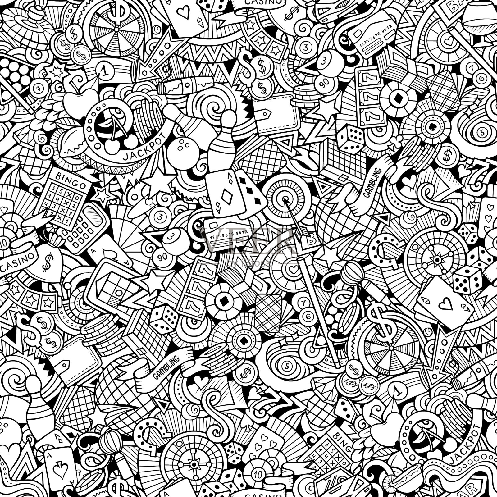 卡通可爱的涂鸦手画赌场无缝插画图片素材