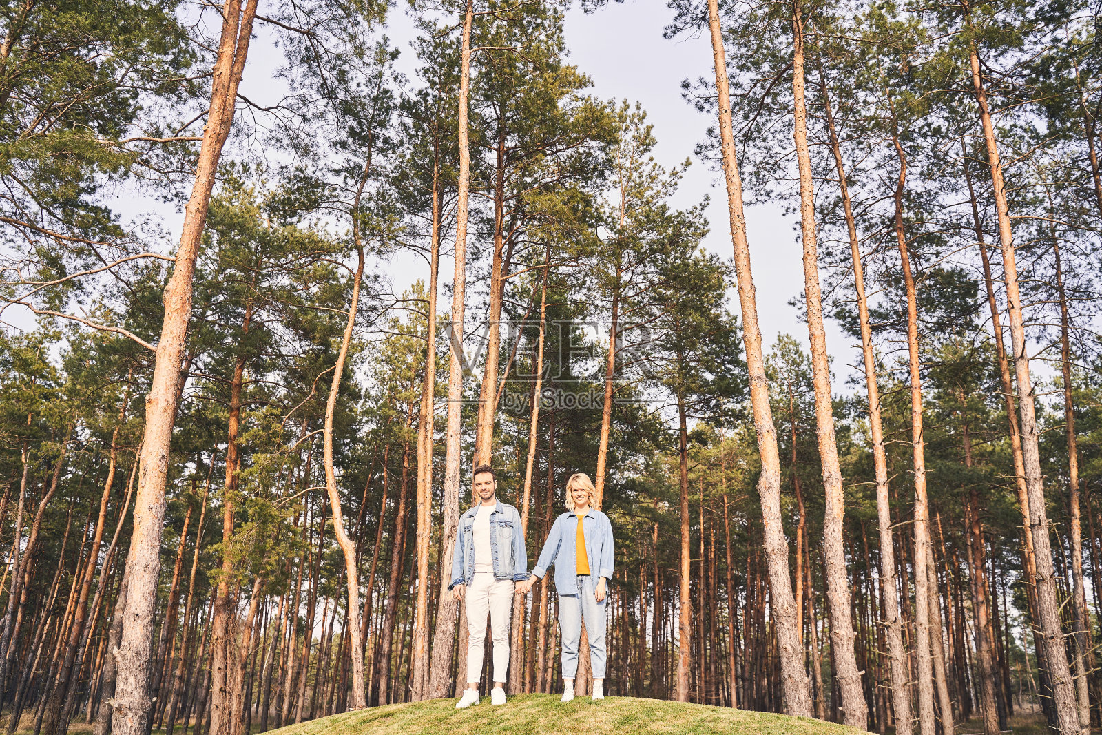 一对年轻的白种夫妇站在针叶树中照片摄影图片