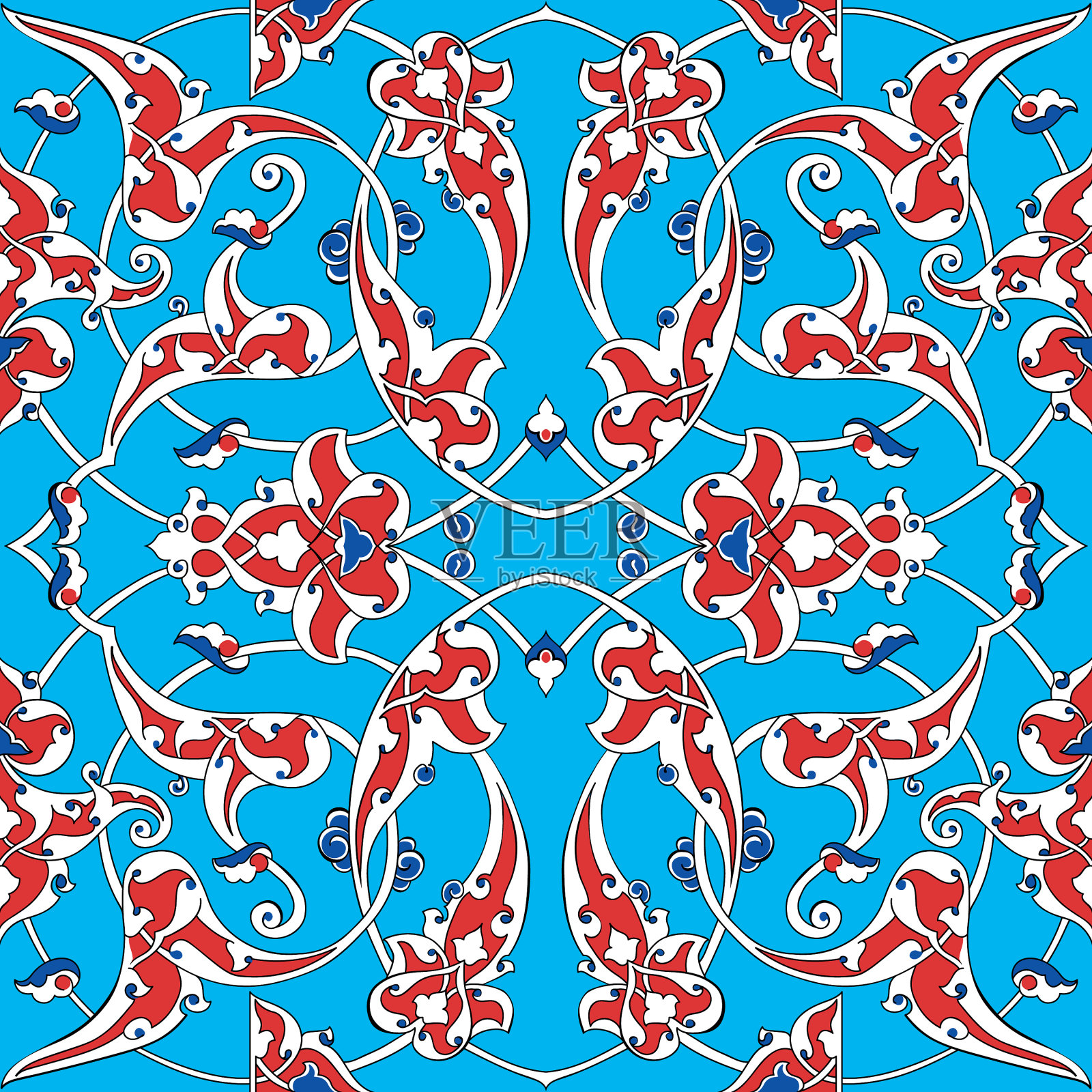 伊兹尼克瓷砖图案与花卉装饰插画图片素材