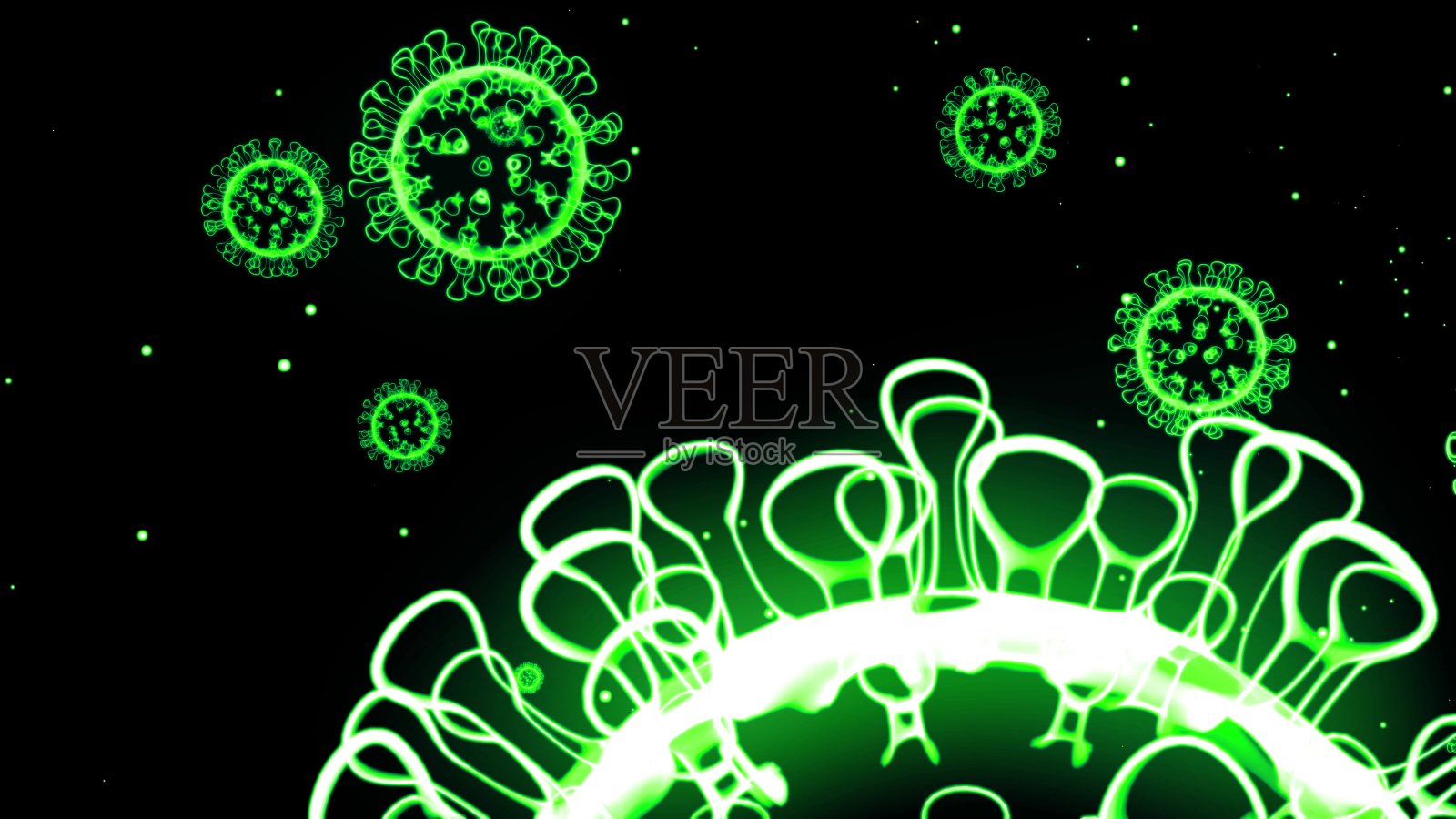 COVID-19病毒或流感病毒等冠状病毒的绿色全息图像在空气中飞行或孤立在黑色背景上。用于信息展示的3D渲染。照片摄影图片