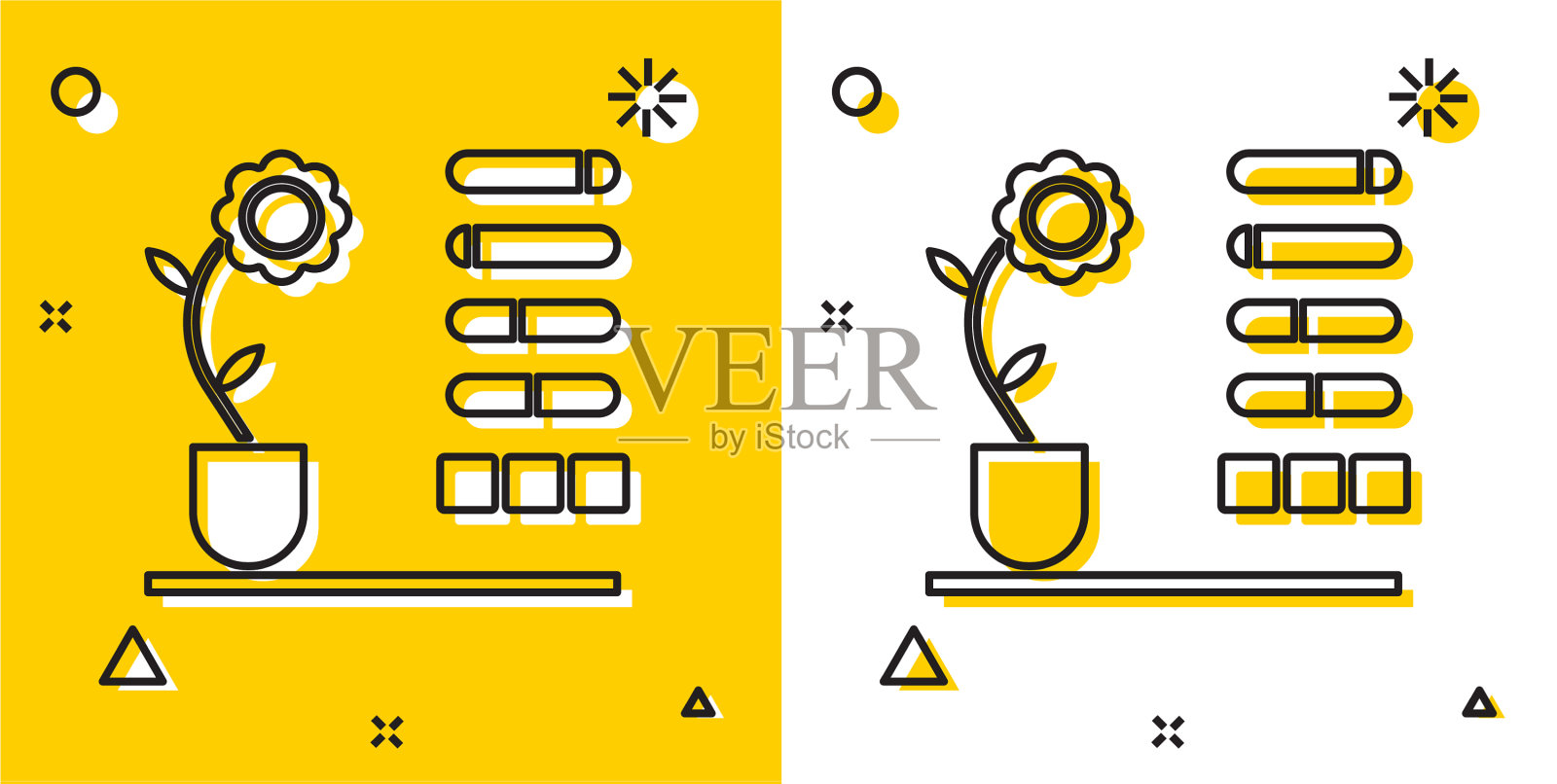 黑色花状态图标孤立在黄色和插画图片素材