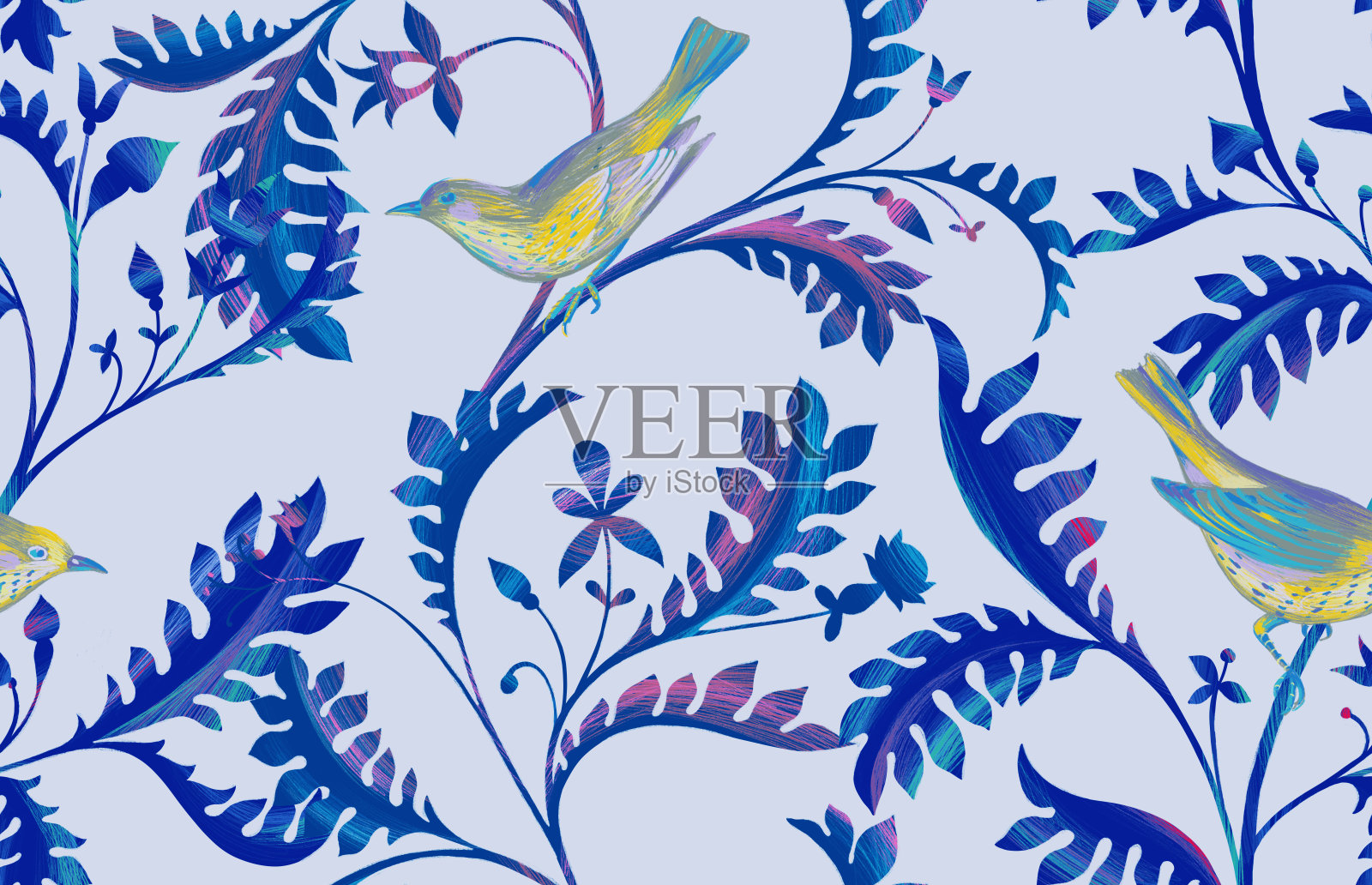 树枝上有鸟的无缝图案。手绘彩色铅笔逼真的动植物背景插画图片素材