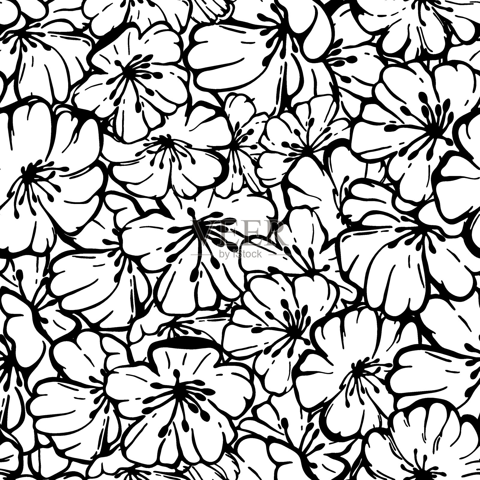 手绘无缝图案矢量的黑白樱花、春花、盛开的花卉元素。墨水涂鸦素描插图设计卡，邀请，墙纸，包装纸，织物插画图片素材