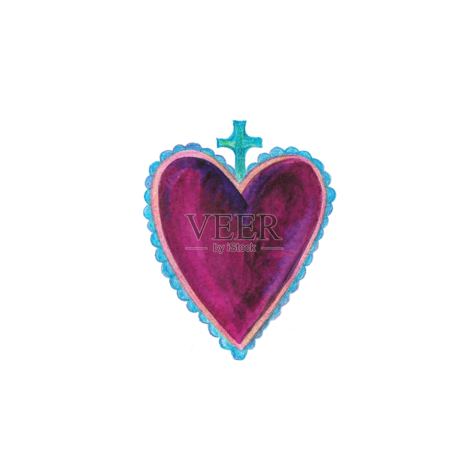 水彩艺术的心在复古风格，传统的墨西哥心插画图片素材