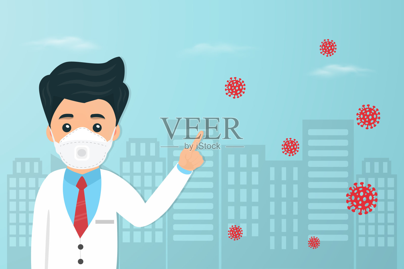 医生在城市中显示病毒图标插画图片素材