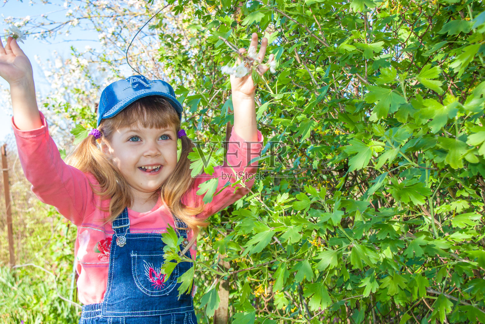 小女孩戴着帽子穿着连体衣在绿色花园笑照片摄影图片