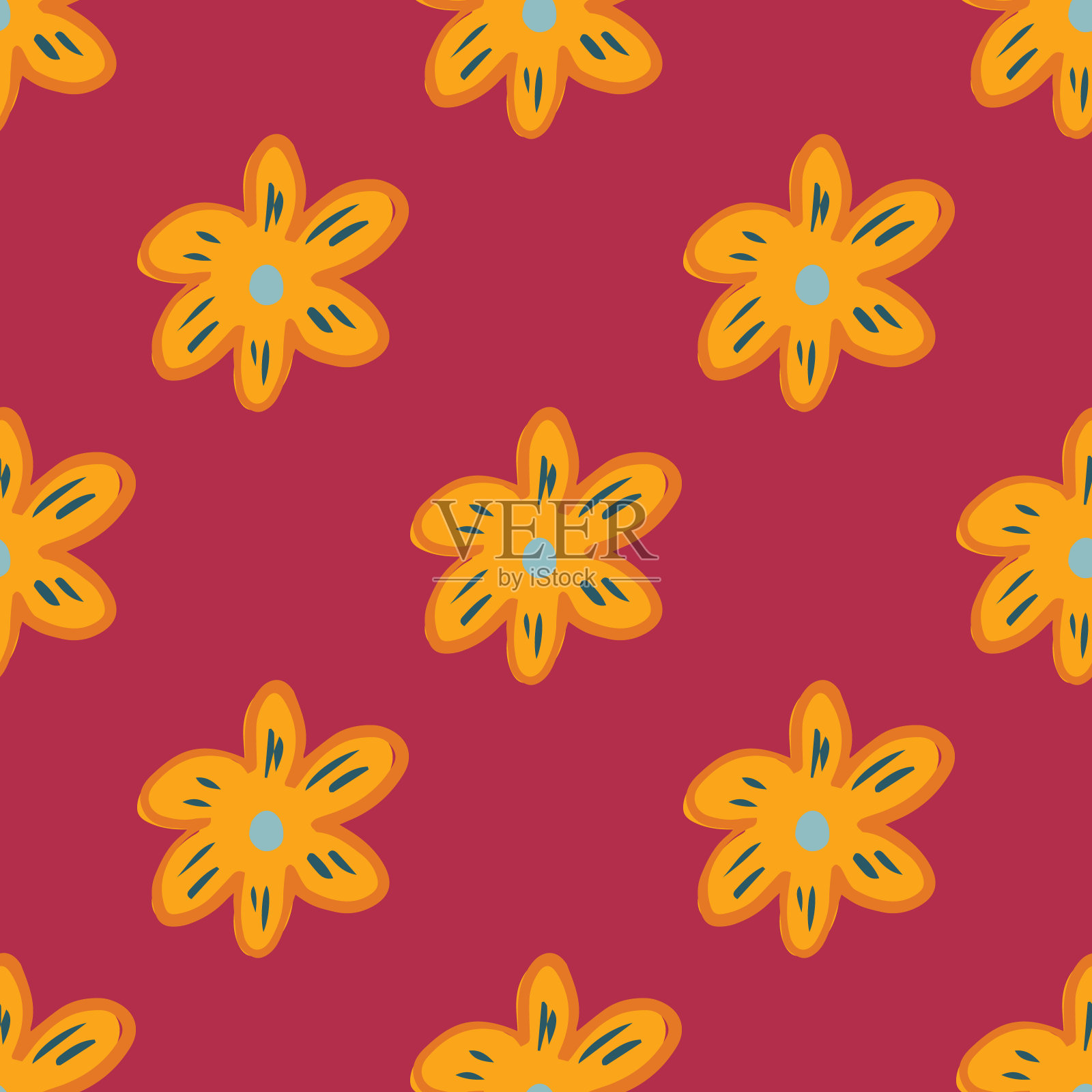 黄色洋甘菊花无缝图案上的红色背景。几何雏菊图案。插画图片素材