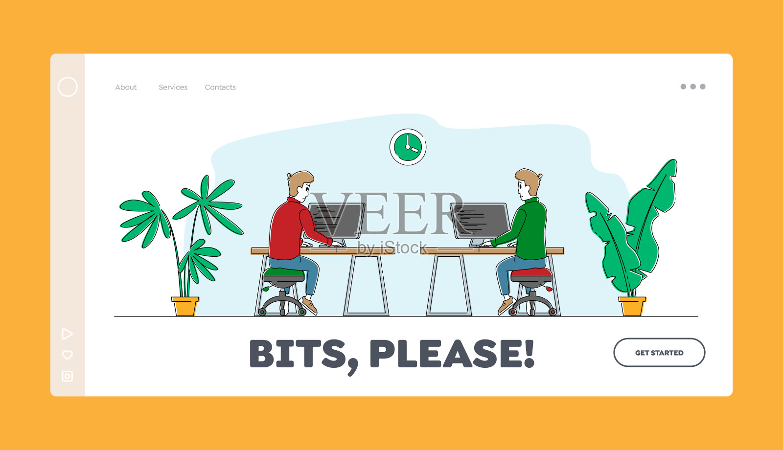 技术应用软件开发工作登陆页面模板。男性程序员或程序员字符工作在新的网站Css Html编码和编程。线性人物矢量图插画图片素材