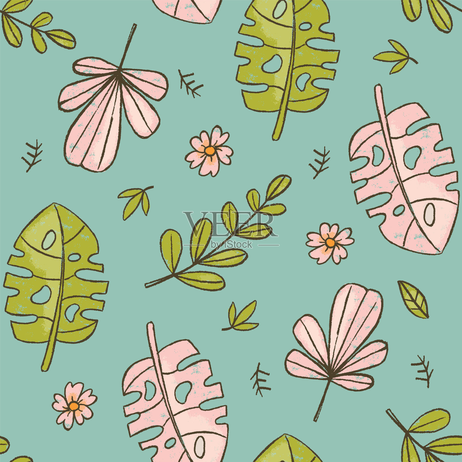 手绘叶绿色热带垃圾风格无缝图案插画图片素材