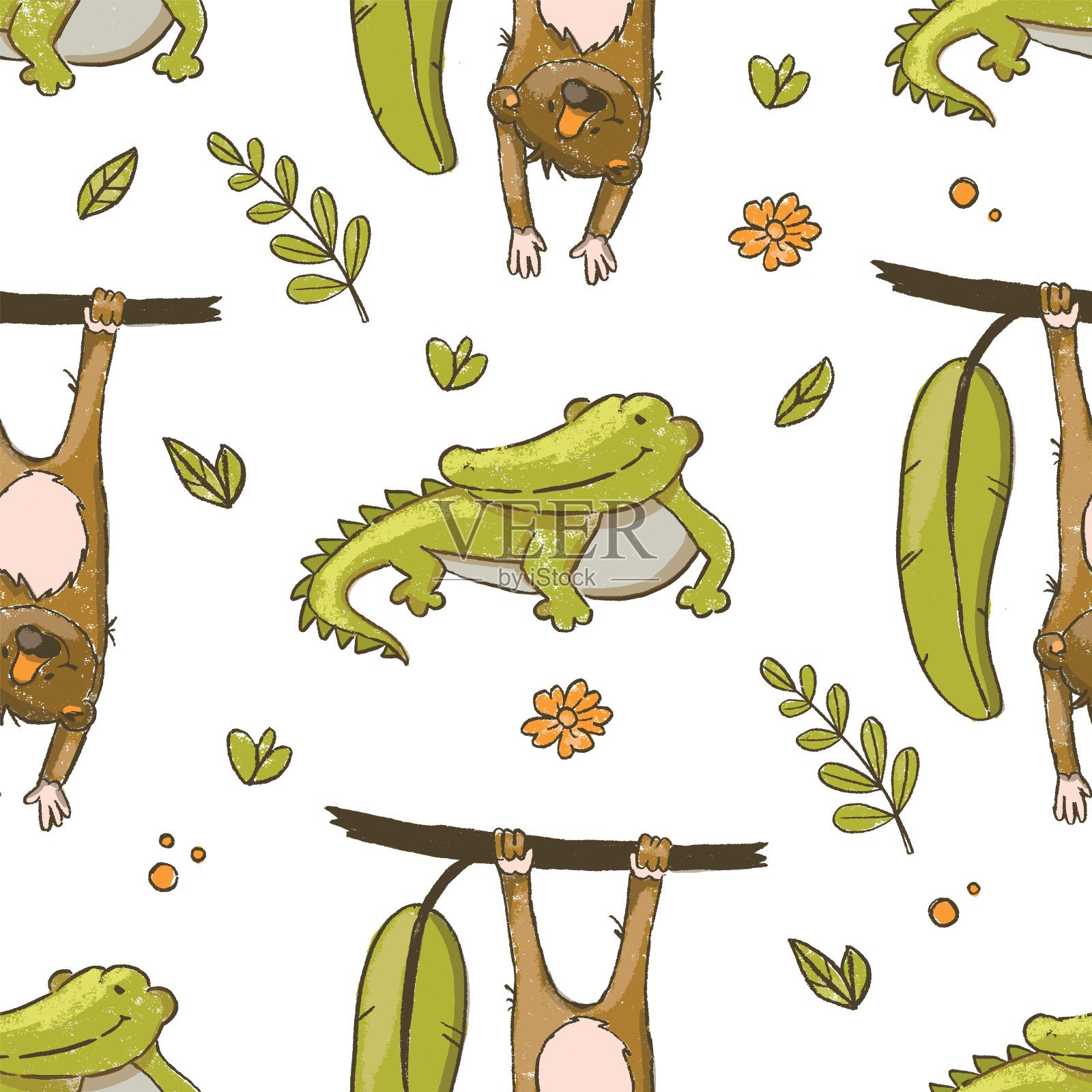 鳄鱼和猴子手绘Grunge无缝模式插画图片素材