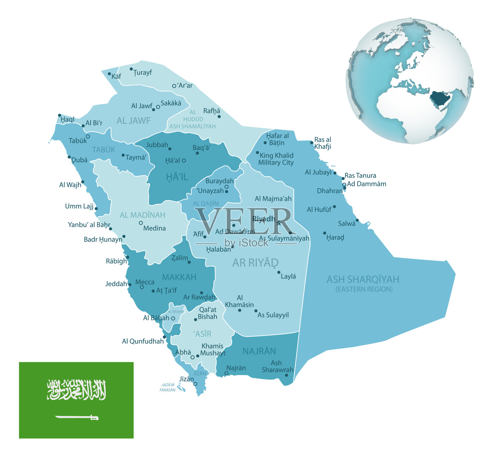 沙特阿拉伯的行政蓝绿色地图，国旗和地点在全球。插画图片素材