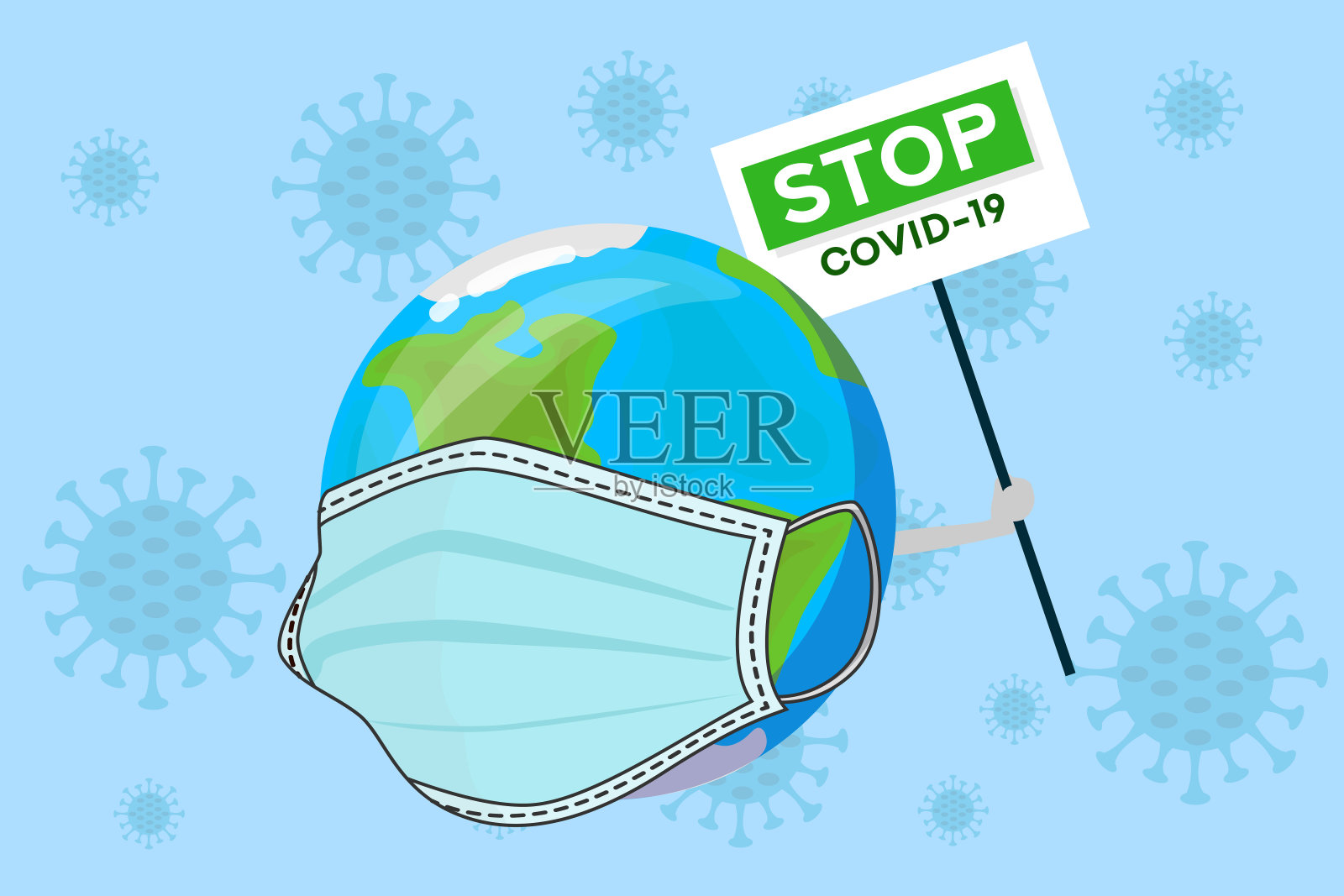 地球戴着面具。停止冠状病毒。illustration.Covid-19电晕病毒。冠状病毒攻击地球，地球戴着面具。网页横幅。社会媒体资源。插画图片素材