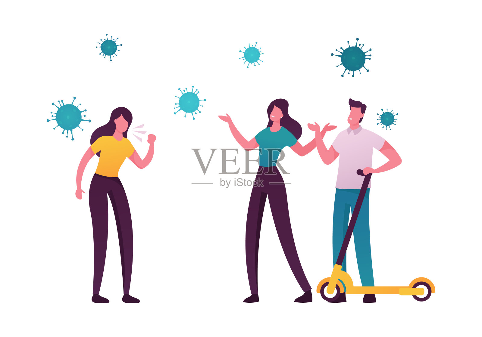 新冠肺炎大流行期间男女角色在街头交流、隔离期间的咳嗽和传播感染违反了社交距离概念。卡通人物矢量插图插画图片素材