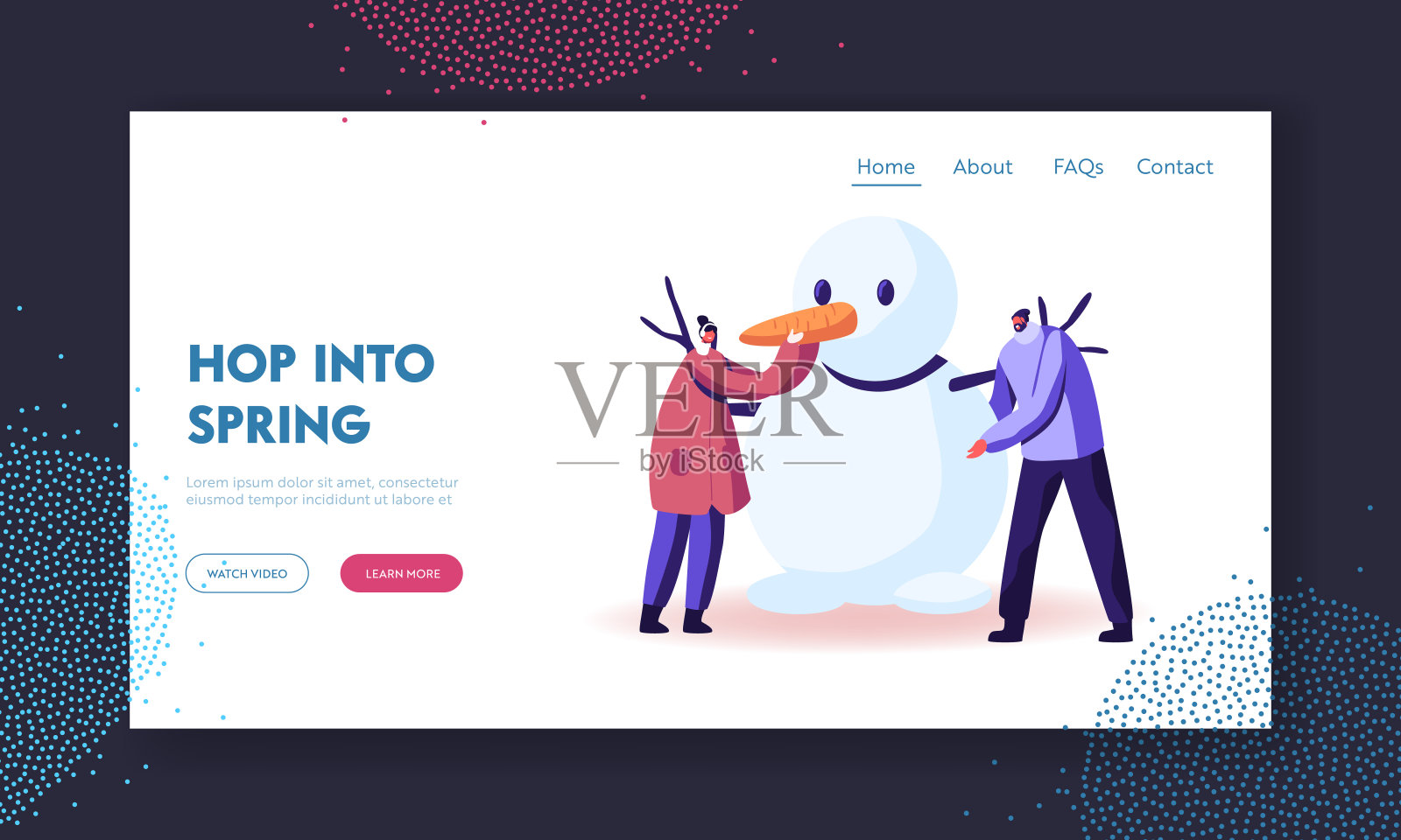 冻结春天或冬天时间户外活动登陆页面模板。男人和女人的角色穿着暖和的衣服做有趣的雪人。人们在假期玩。卡通矢量图插画图片素材