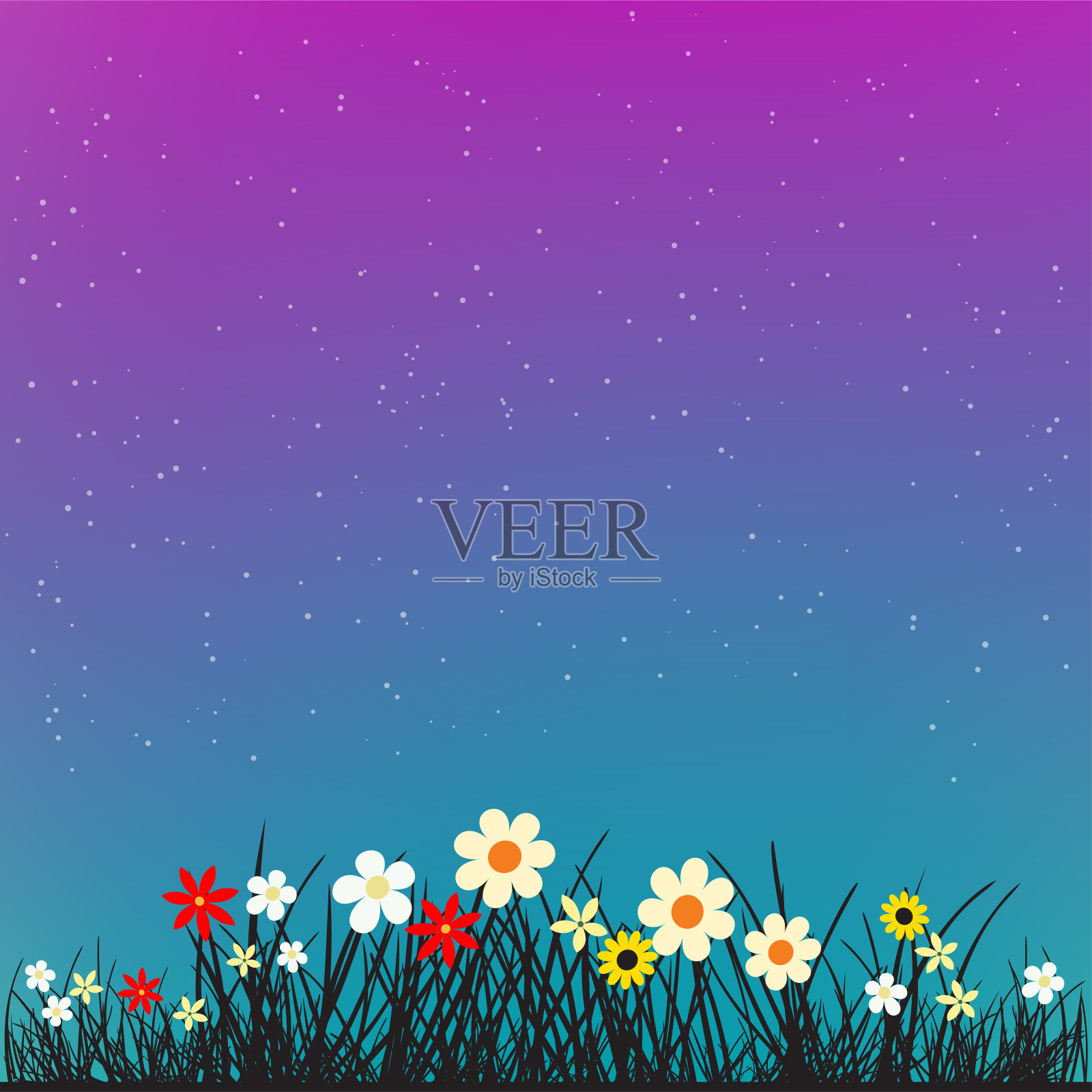 草和花在夜晚的背景插画图片素材