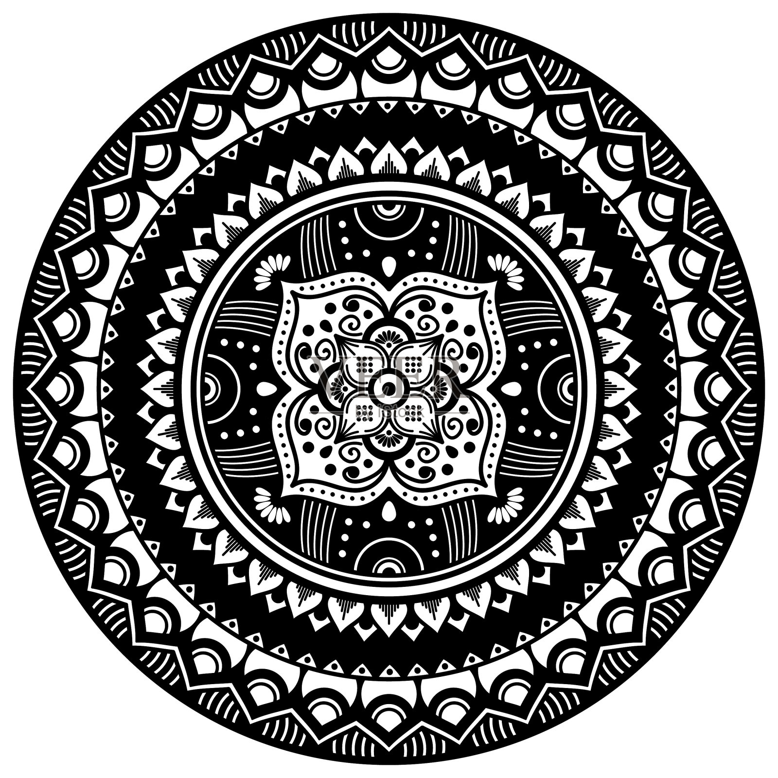 黑白民族曼荼罗为涂色页。矢量图插画图片素材