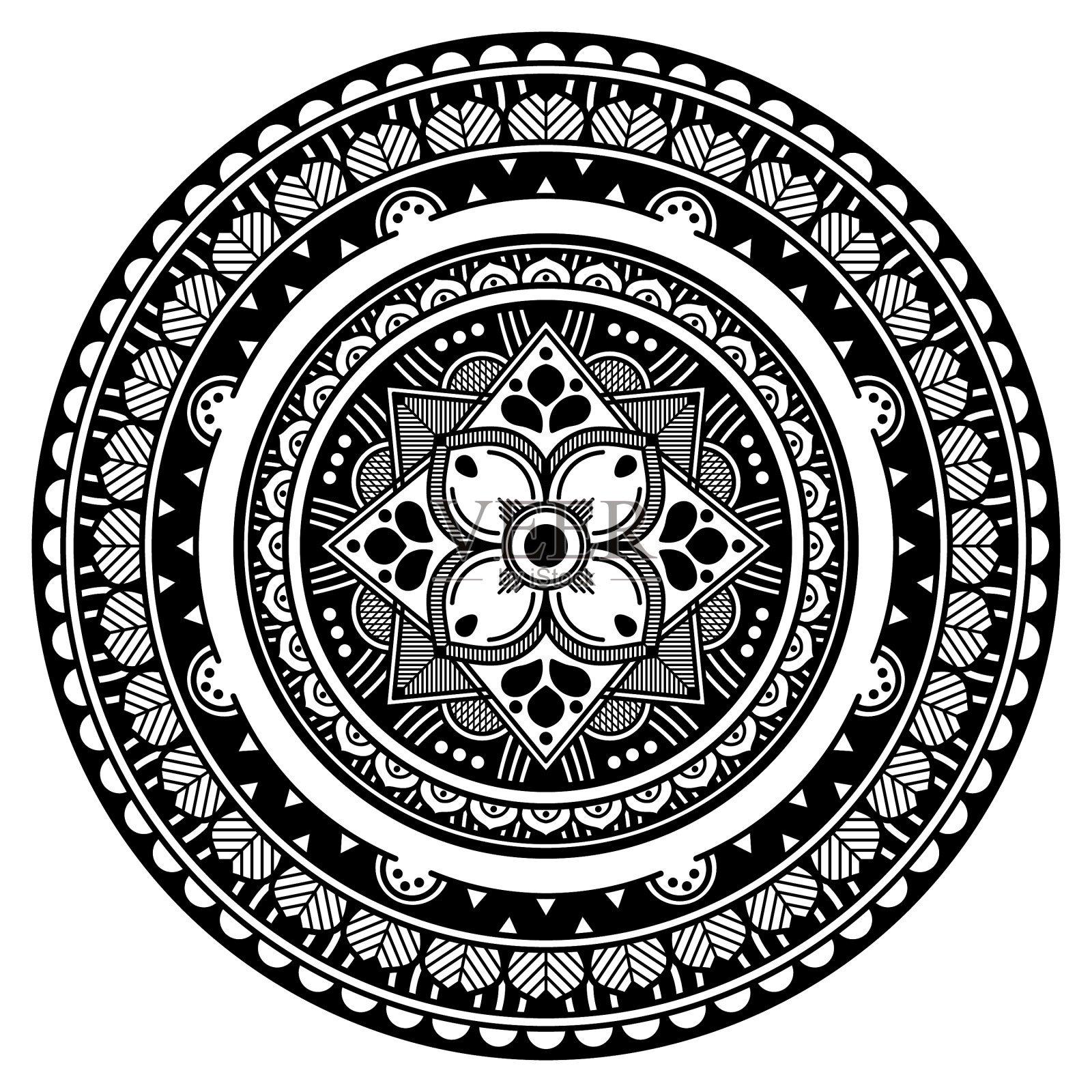 黑白民族曼荼罗为涂色页。矢量图插画图片素材