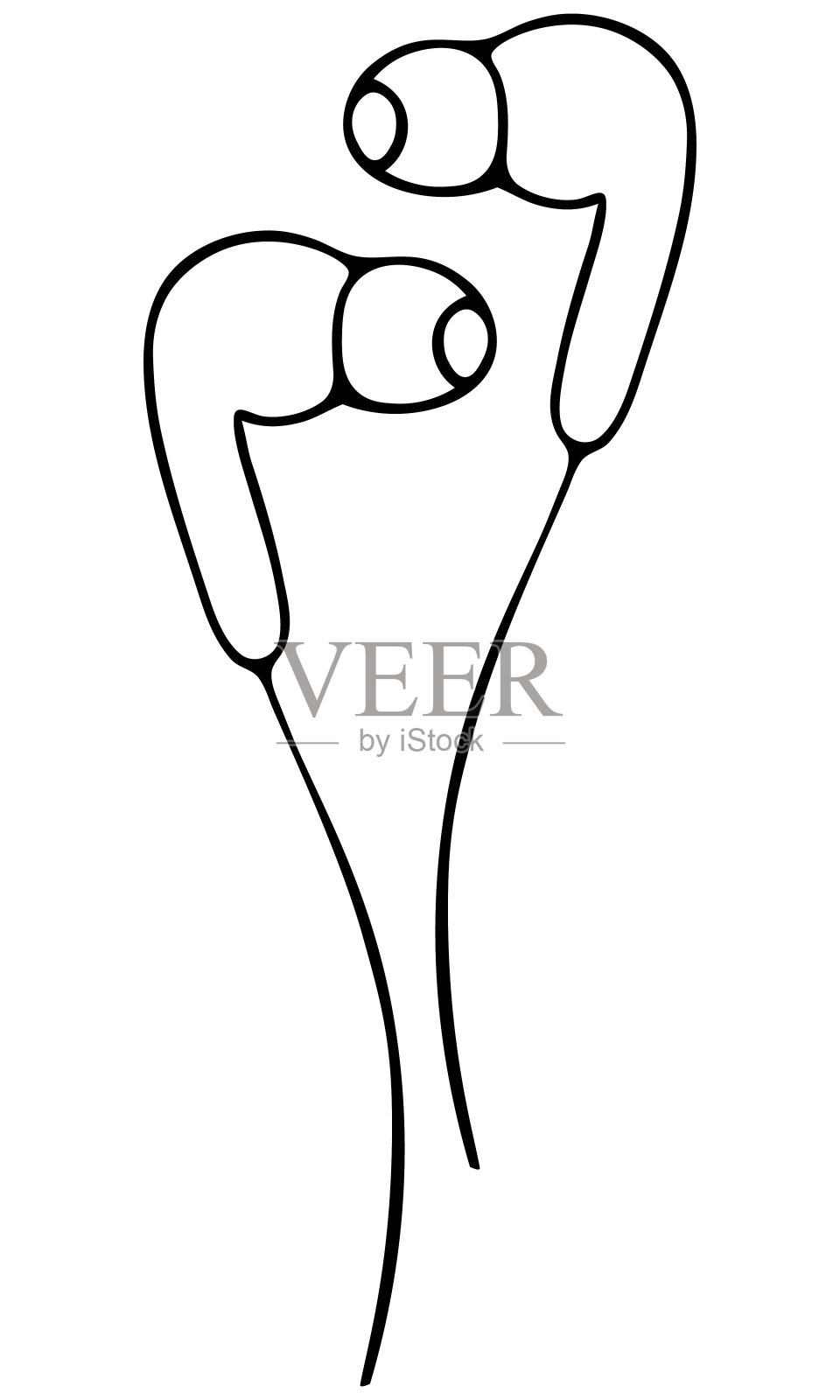 入耳式耳机连接。一种用来收听来自电话、mp3播放器、笔记本电脑的语音信息的设备。矢量插图。一个孤立背景上的轮廓。涂鸦风格。草图。插画图片素材