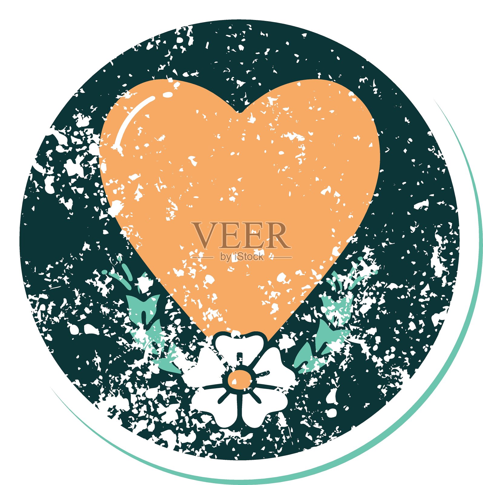 心疼贴纸纹身风格的心和花的图标插画图片素材